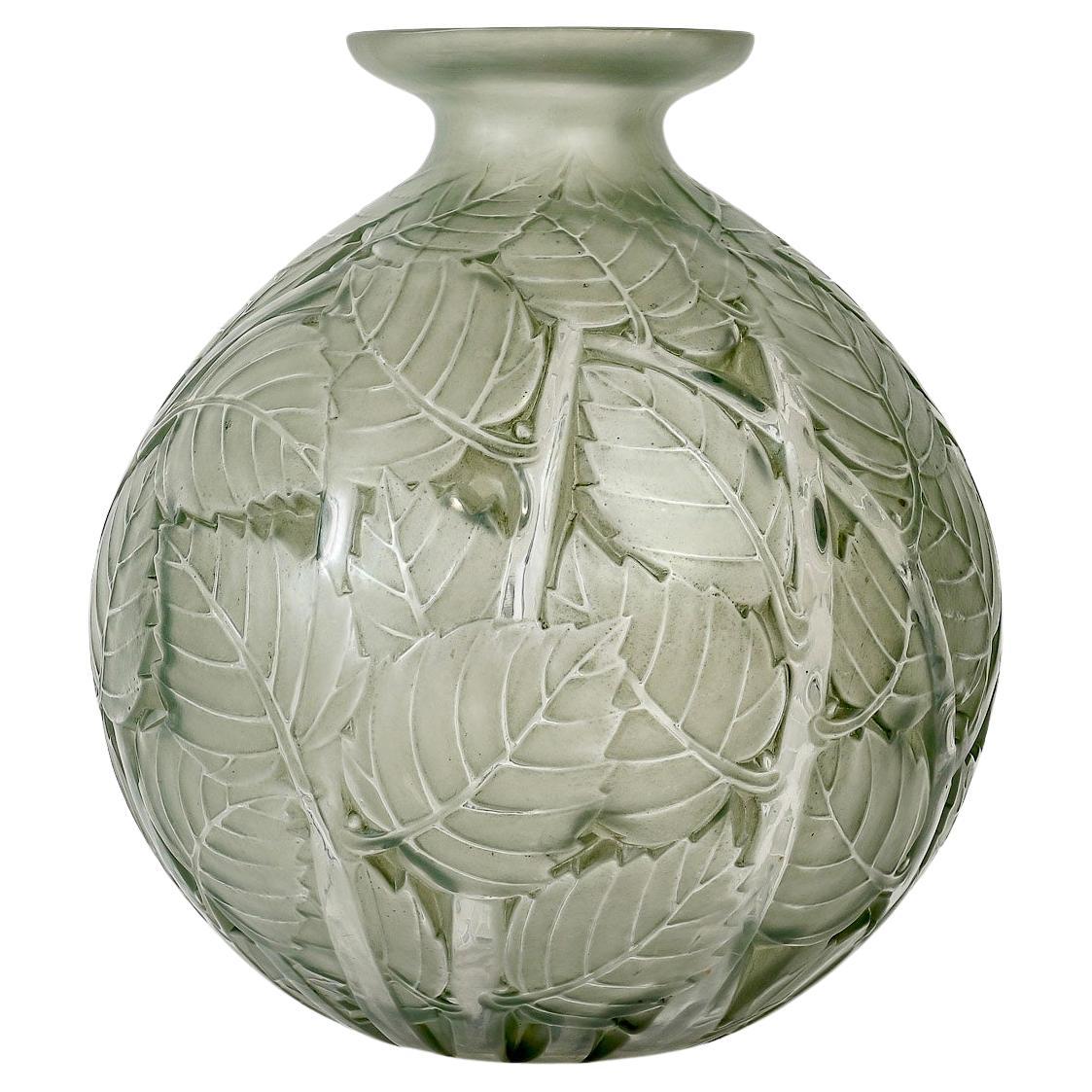 1929 Rene Lalique Vase Milan Frosted Glass with Green Patina