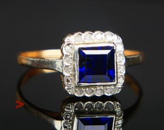1929 Ring 1ct Blue Sapphire Diamonds solid 18K Gold / ØUS6.5 /1.85gr