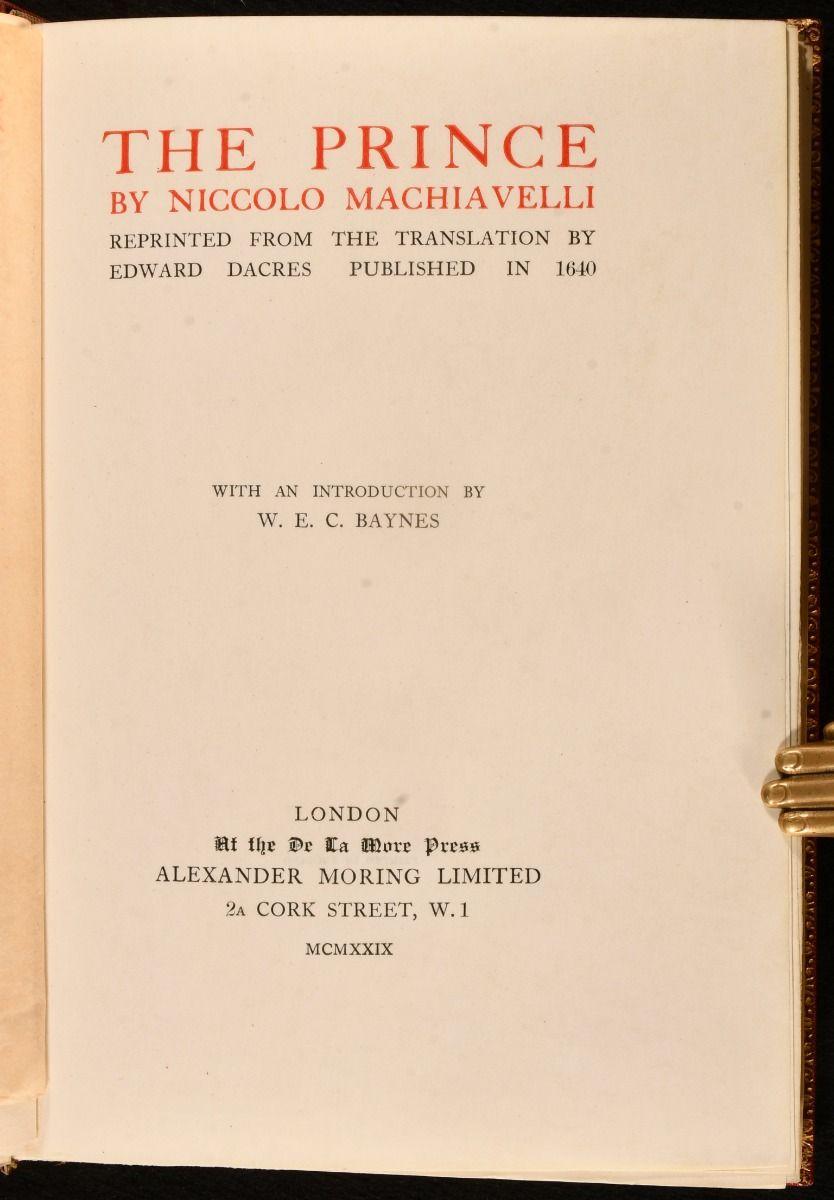 An exceptionally scarce Limited Edition of Machiavelli's sixteenth century political treatise, limited to only ten copies printed on vellum leaves.

Number ten of ten copies printed on vellum.

Illustrated with a photogravure portrait frontispiece