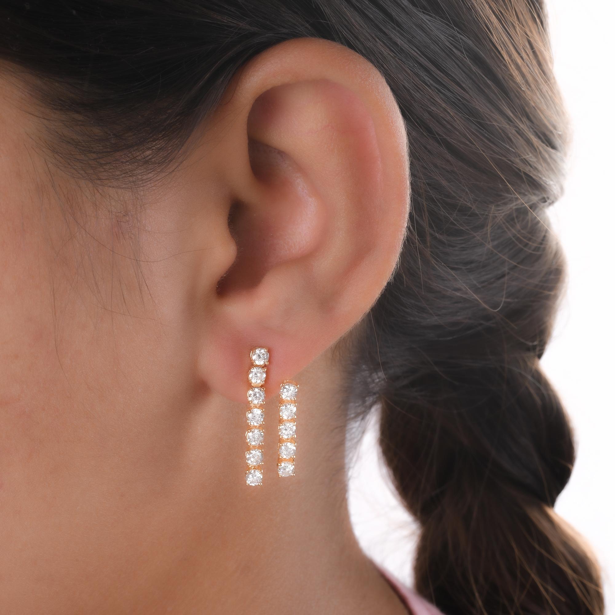 Round Cut 1.92ct Diamond Double Bar Jacket Earrings 18 Karat Yellow Gold Handmade Jewelry For Sale