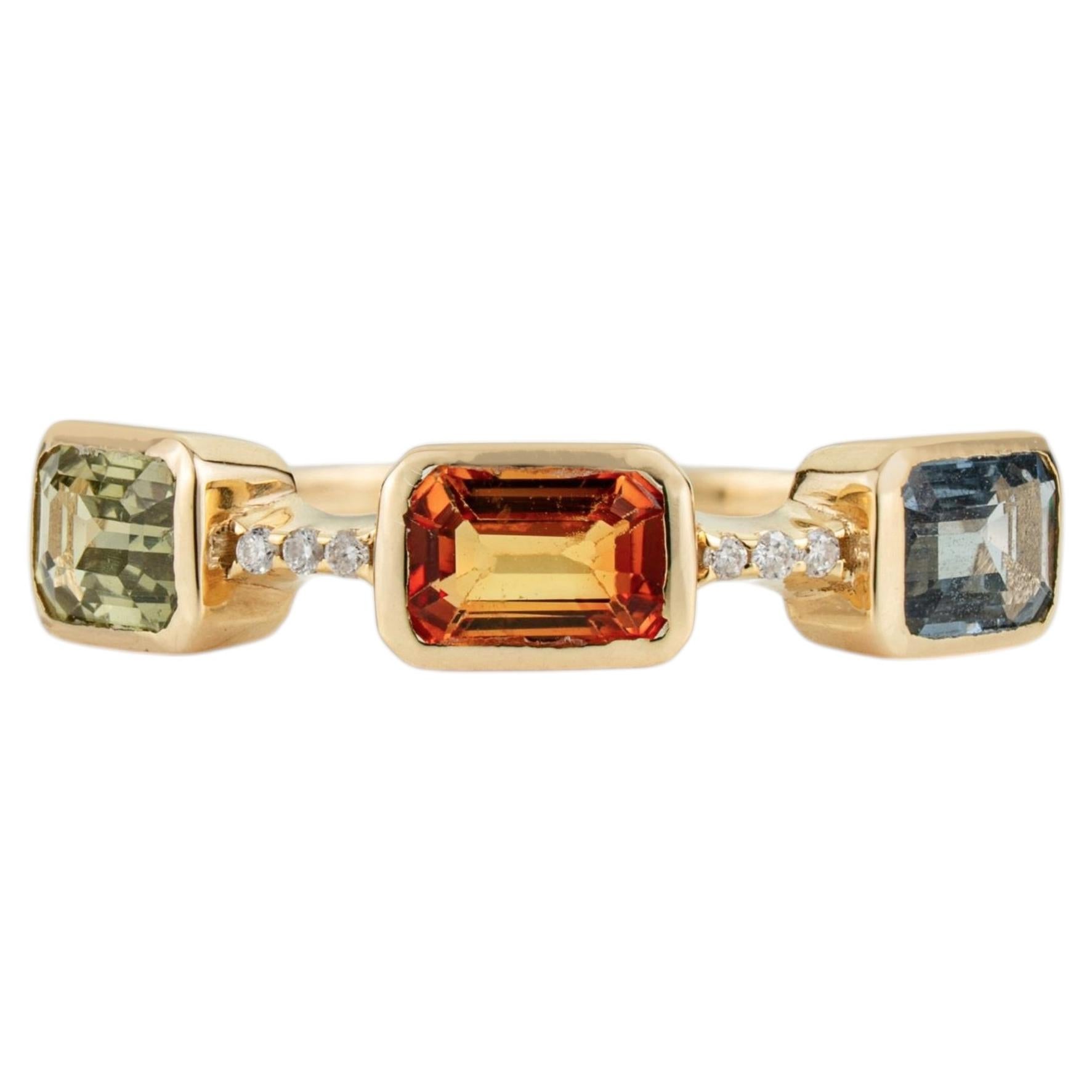 1.92ct Emerald Cut Multi Sapphire & Diamond Three Stone Ring in 14K Yellow Gold