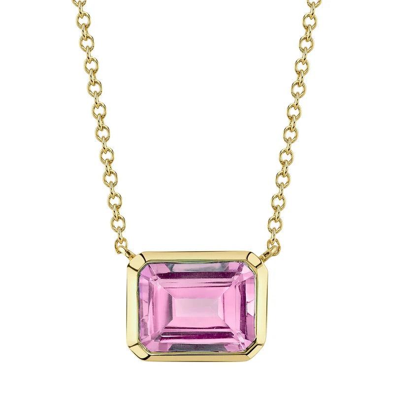 1.92ct Emerald Cut Pink Topaz Bezel Set Necklace For Sale
