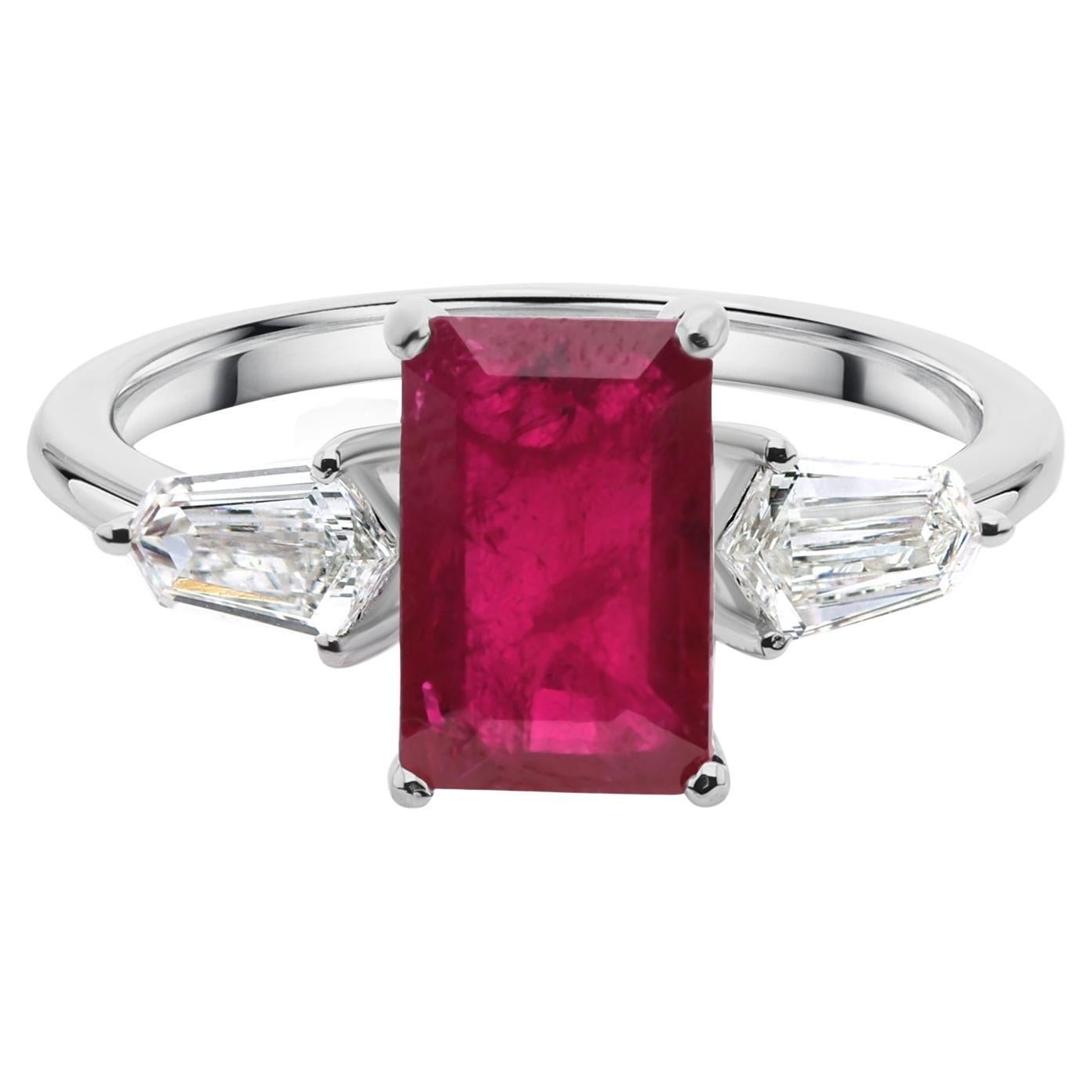 1.92ct Octagon Ruby 0.6ct Diamond Three Stone Engagement Ring 14k White Gold