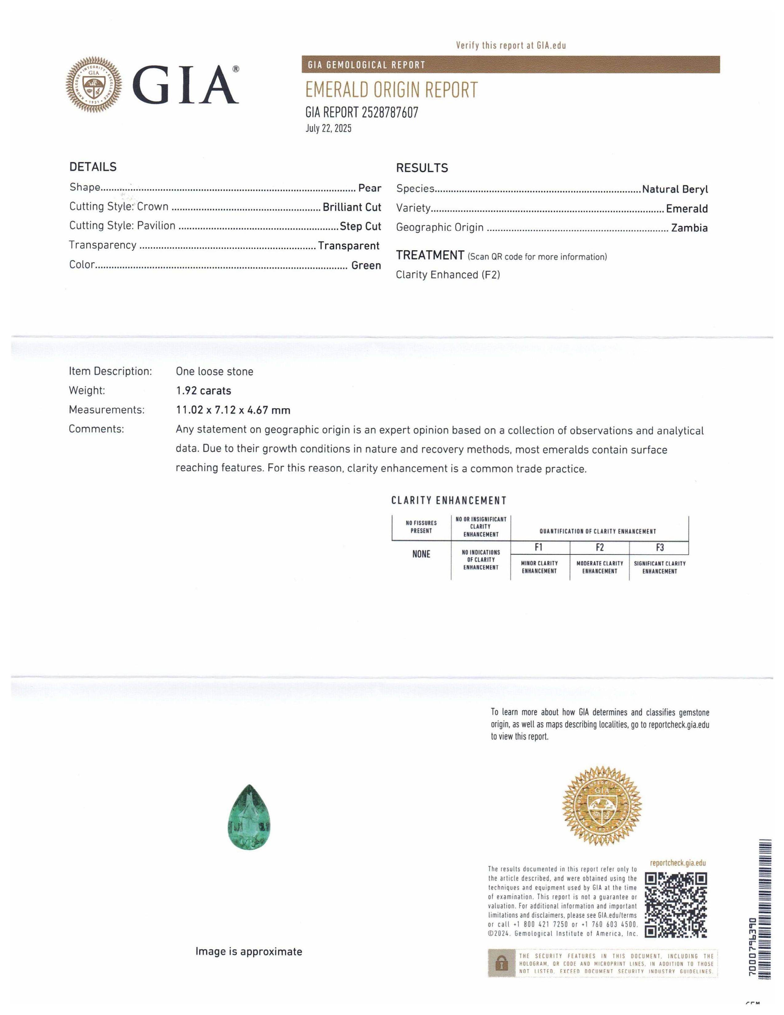 This is a stunning GIA Certified Emerald 


The GIA report reads as follows:

GIA Report Number: 2528787607
Shape: Pear
Cutting Style: 
Cutting Style: Crown: Brilliant Cut
Cutting Style: Pavilion: Step Cut
Transparency: Transparent
Colour: