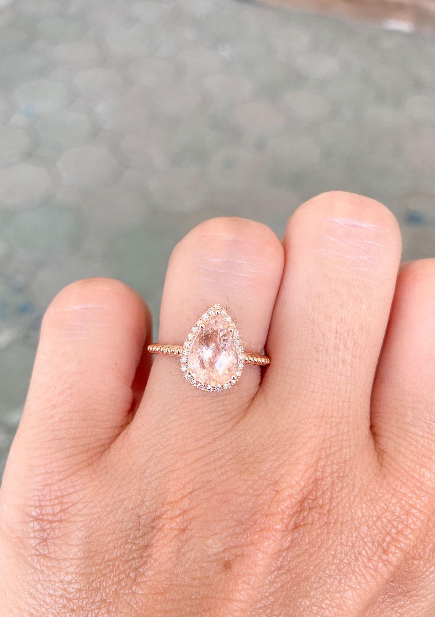 1.92ct Pear Shape Galaxy Morganite Diamond Halo 14K Rose Gold Engagement Ring In New Condition In Osprey, FL