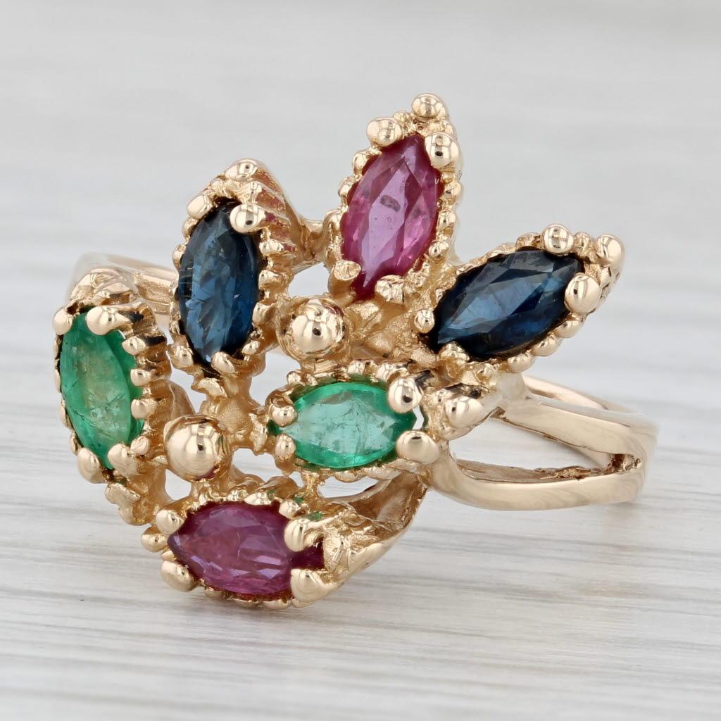 Anello a grappolo con gemme da 1,92 ctw in oro 14k Misura 11,25 Cocktail Rubino Zaffiro Smeraldo In condizioni buone a McLeansville, NC
