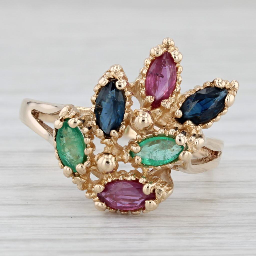 Anello a grappolo con gemme da 1,92 ctw in oro 14k Misura 11,25 Cocktail Rubino Zaffiro Smeraldo 2