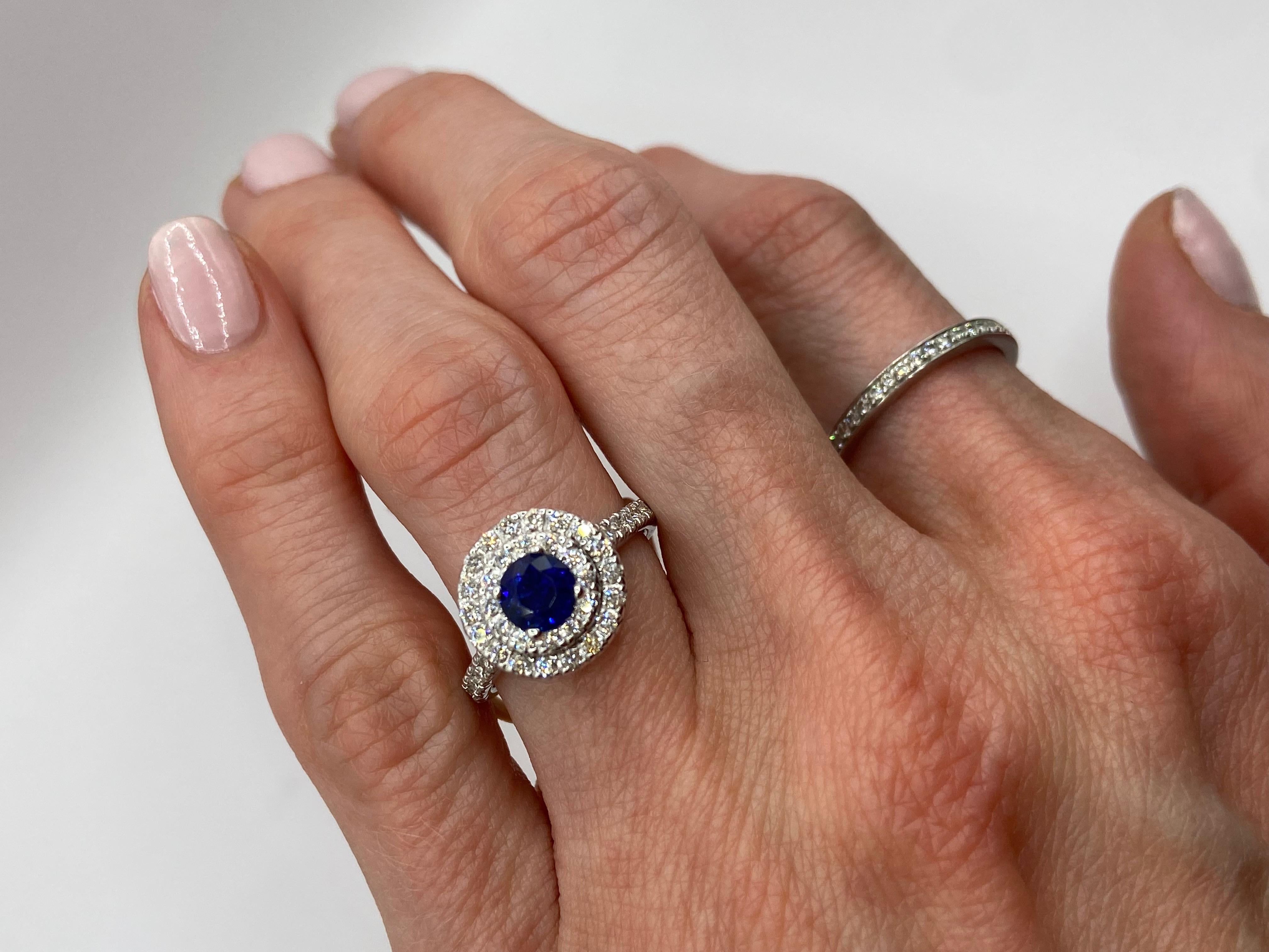 Modern 1.92ctw Sapphire & Diamond Double Halo Ring in 18KT Gold For Sale