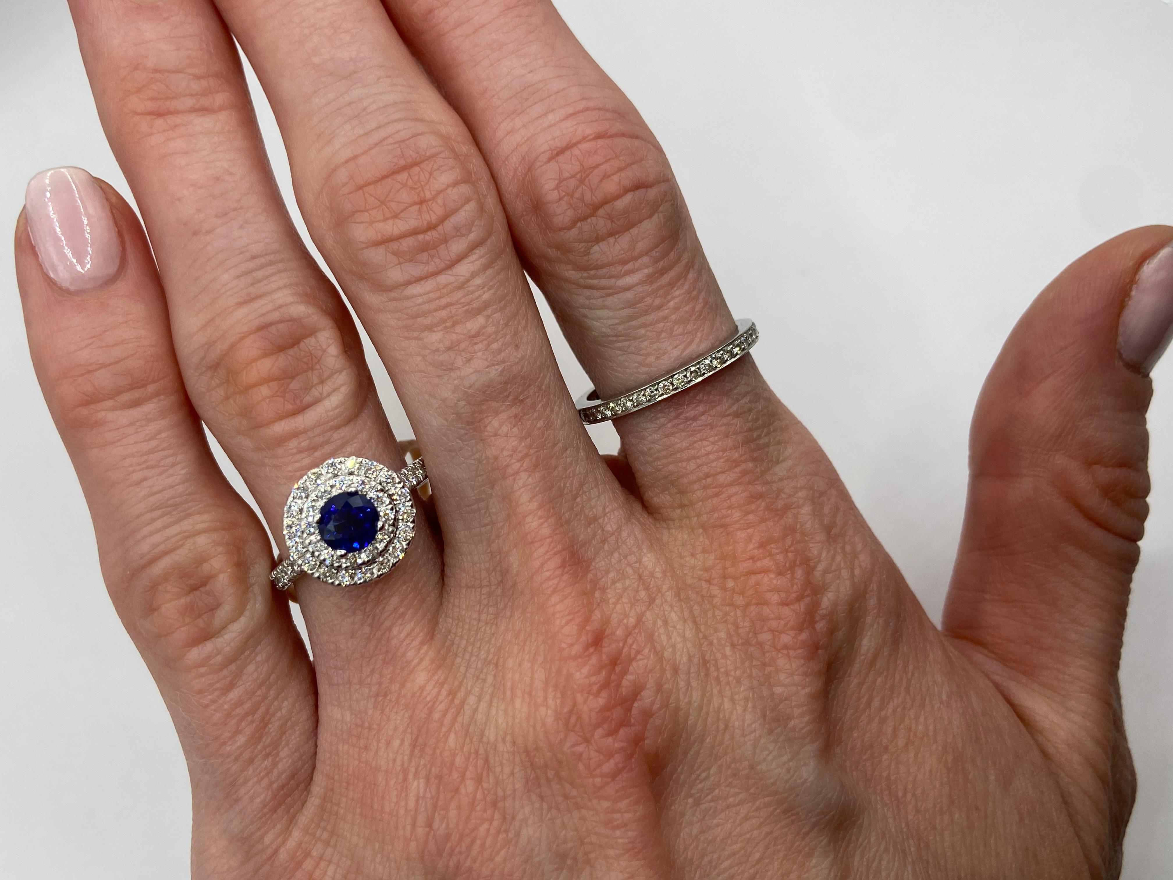Round Cut 1.92ctw Sapphire & Diamond Double Halo Ring in 18KT Gold For Sale