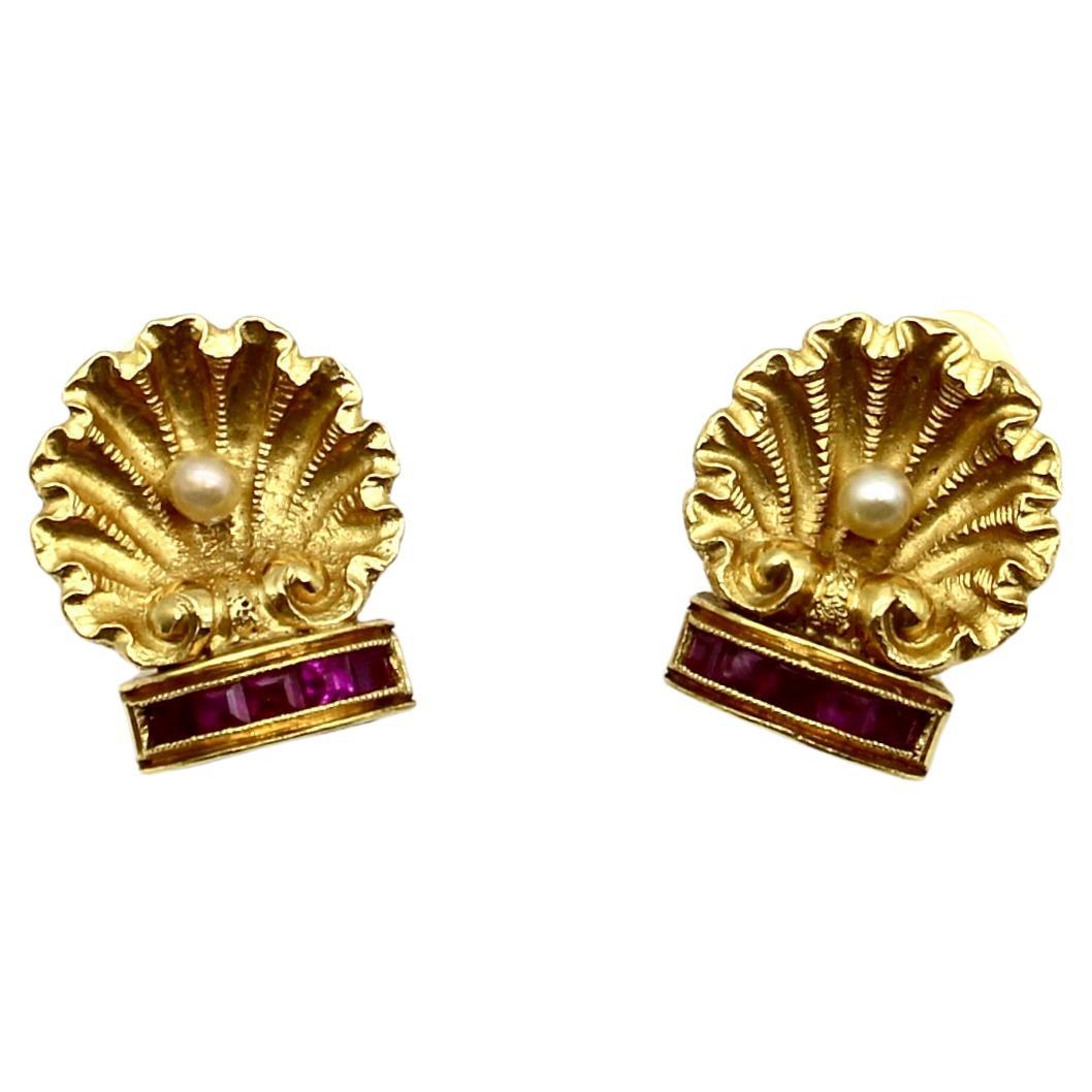 19.2k Gold Portuguese Shell Earrings with Pearls and Rubies