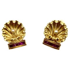 Vintage 19.2k Gold Portuguese Shell Earrings with Pearls and Rubies