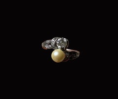 19.2K White Gold Toi et Moi Diamond and Pearl Ring