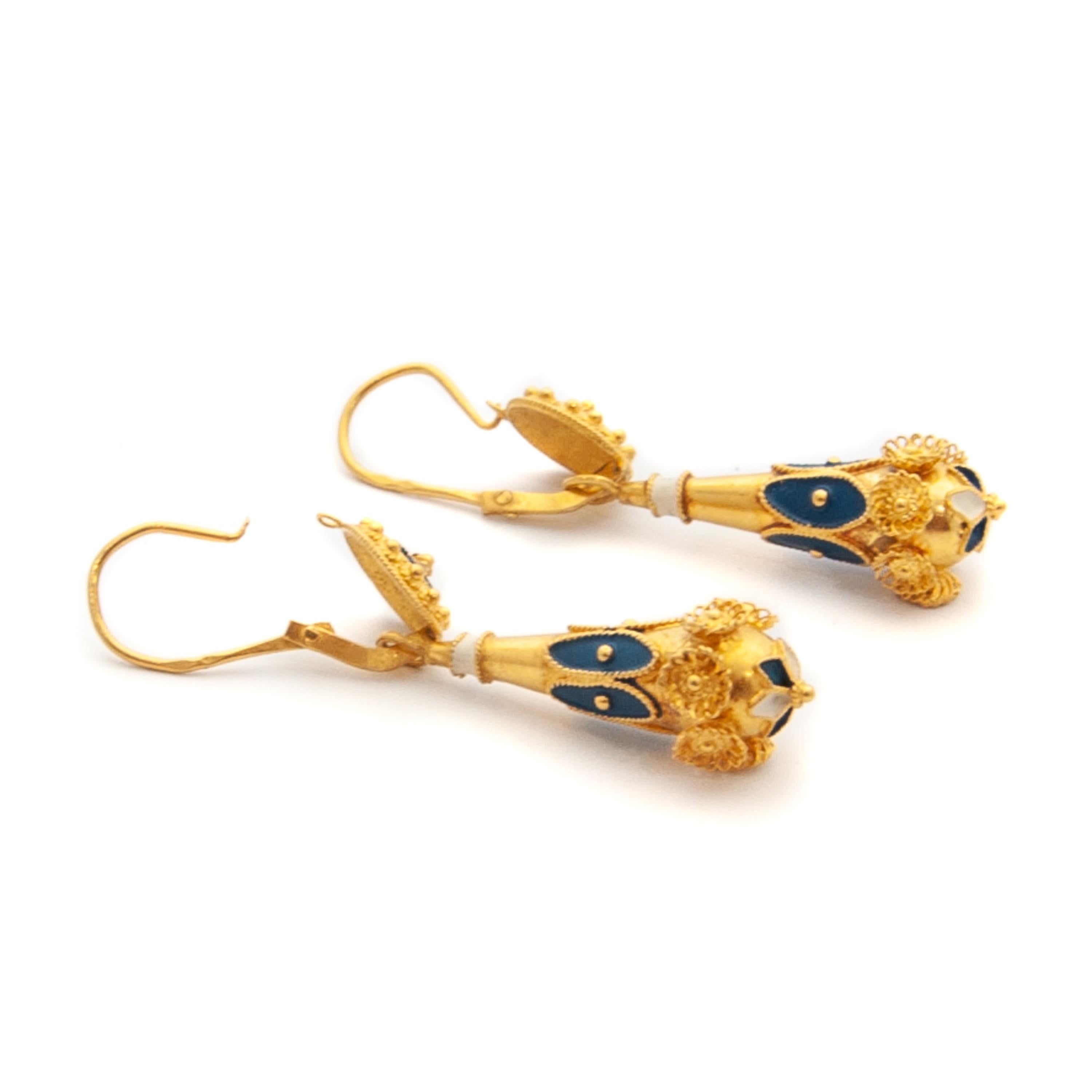 Portuguese Enamel and 19.2K Gold Dangle Earrings 2