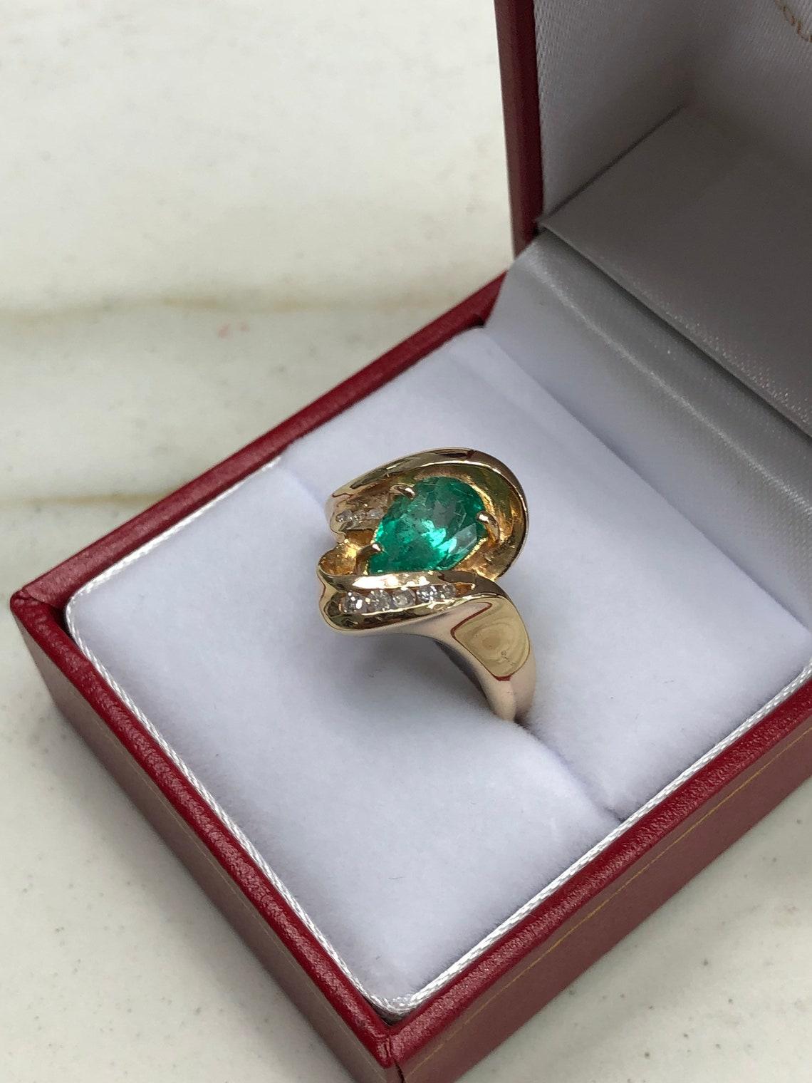 2.02tcw 14K Colombian Emerald-Pear Cut & Diamond Statement Gold Ring For Sale 1
