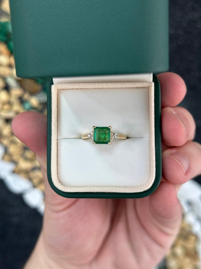 Contemporary 1.92tcw 14K Natural Asscher Emerald & Diamond Engagement Ring For Sale