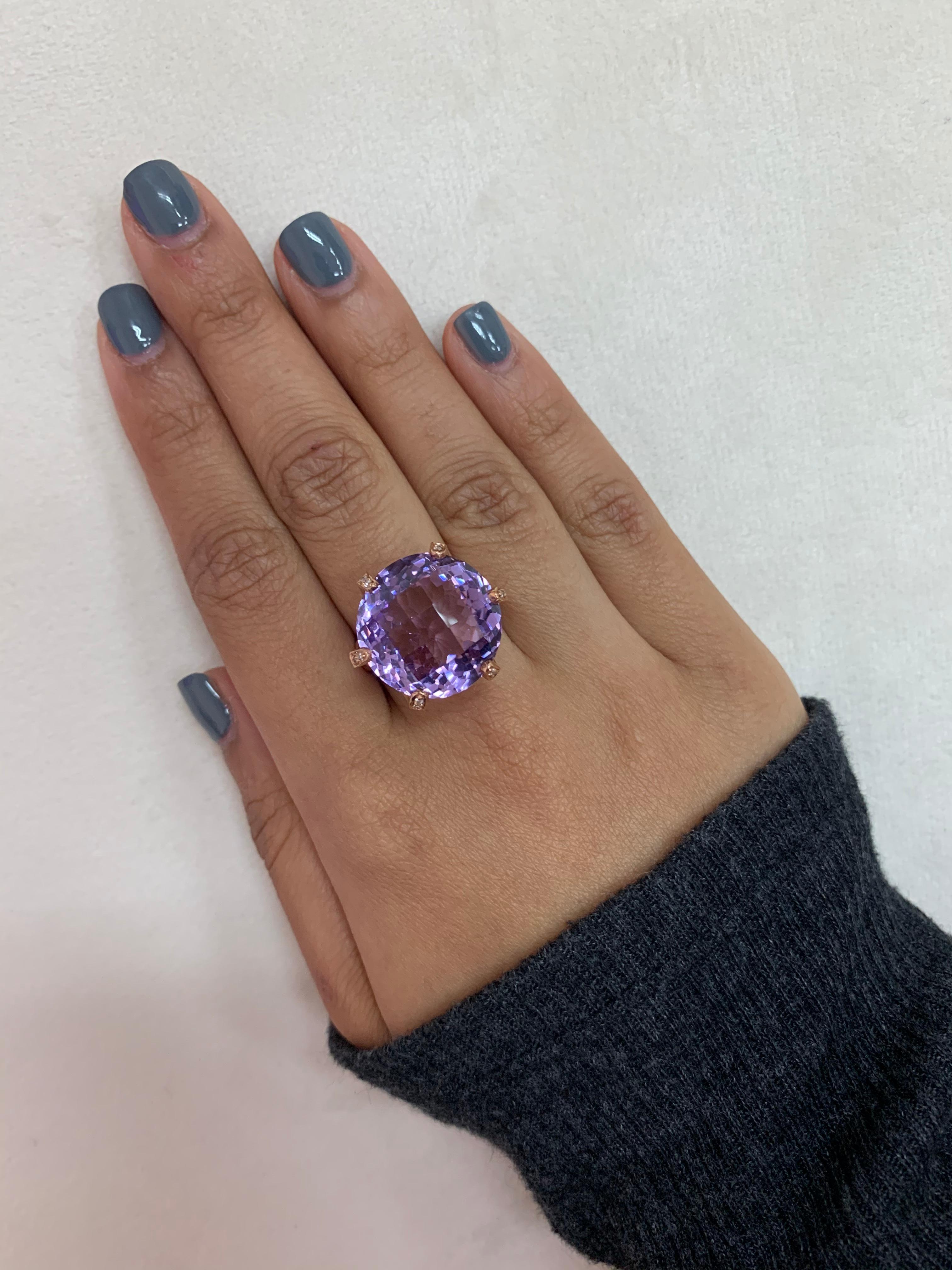 Contemporary 19.3 Carat Amethyst Ring in 14 Karat Rose Gold with Diamonds and Pink Tourmaline