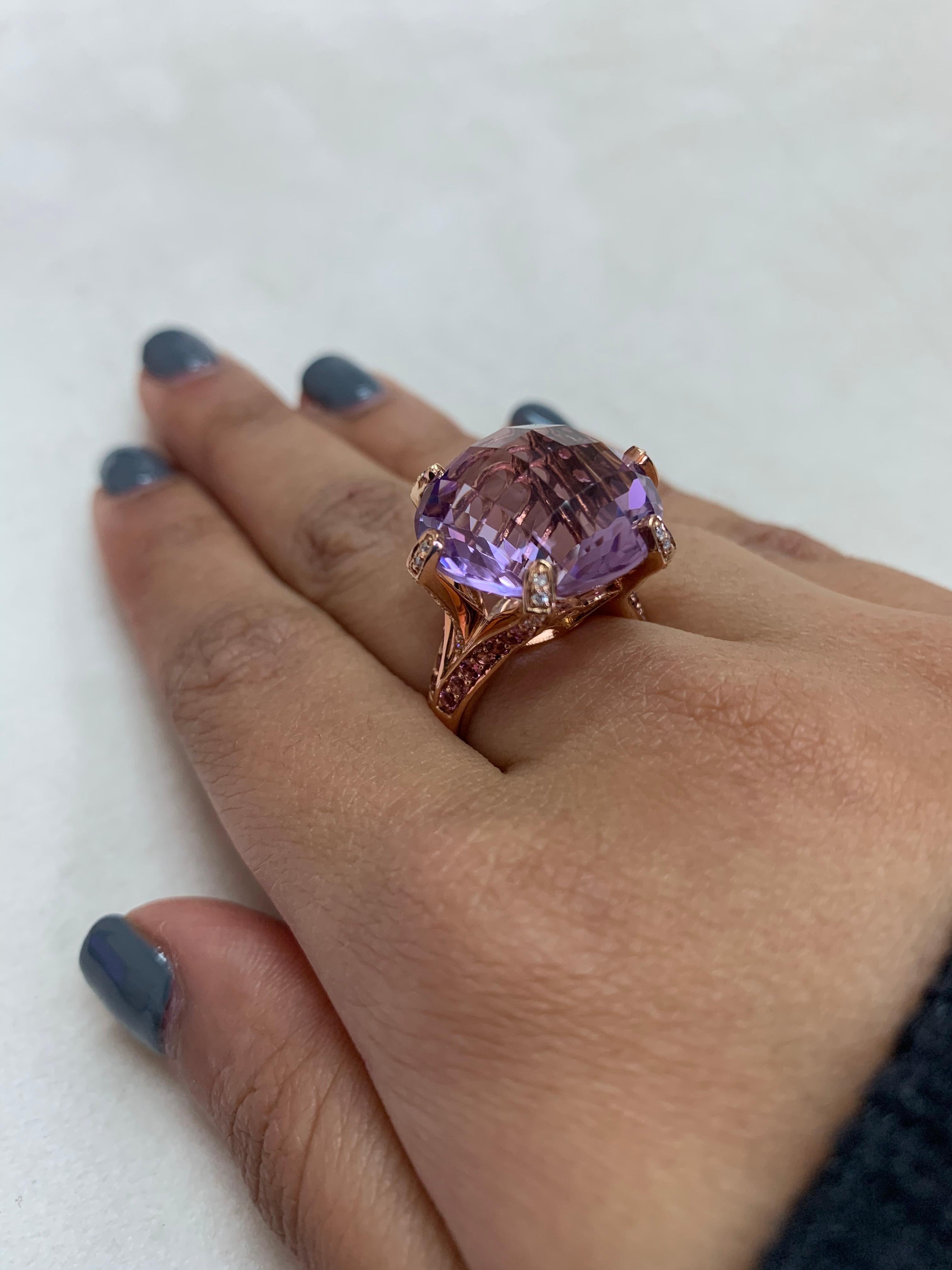 19.3 Carat Amethyst Ring in 14 Karat Rose Gold with Diamonds and Pink Tourmaline 1