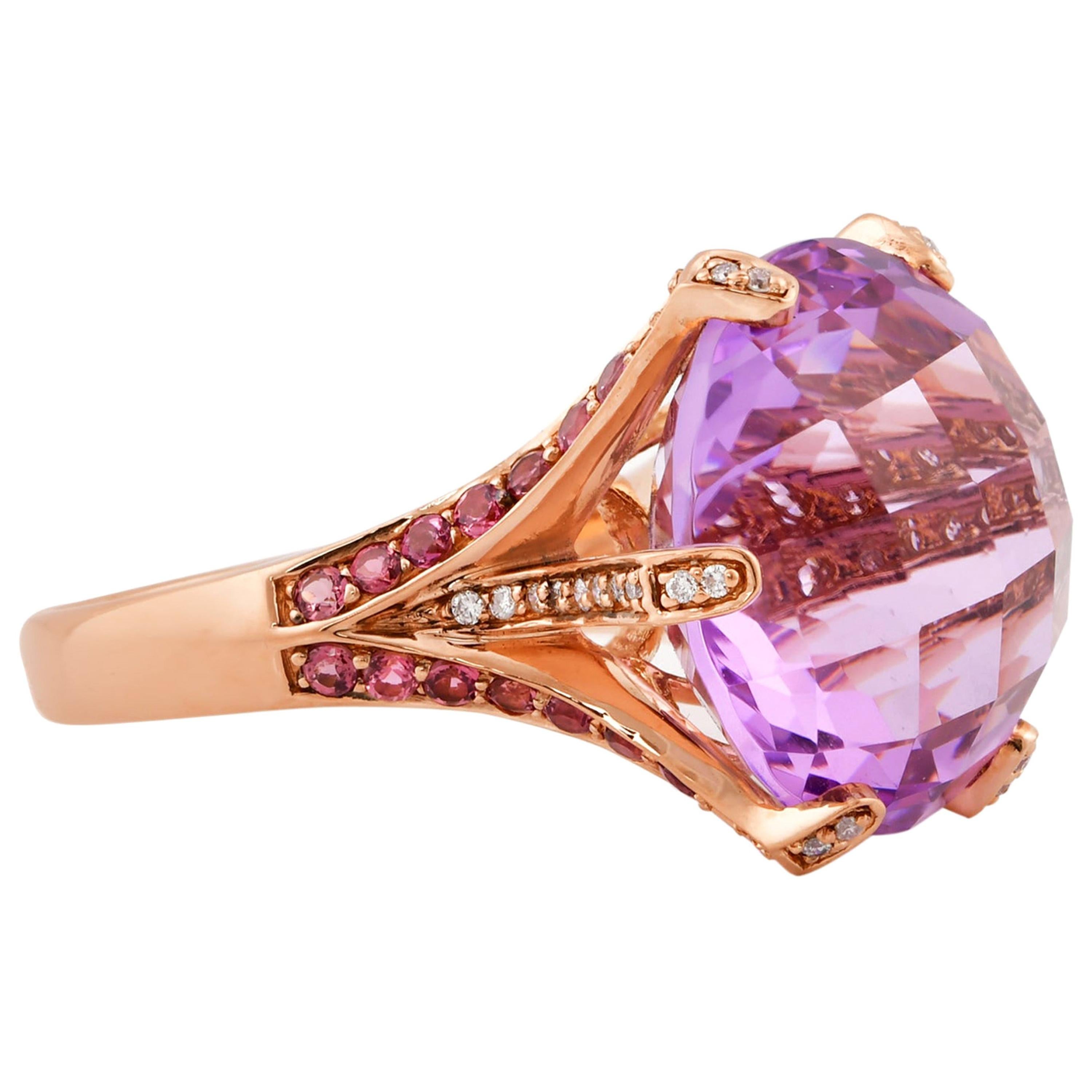 19.3 Carat Amethyst Ring in 14 Karat Rose Gold with Diamonds and Pink Tourmaline