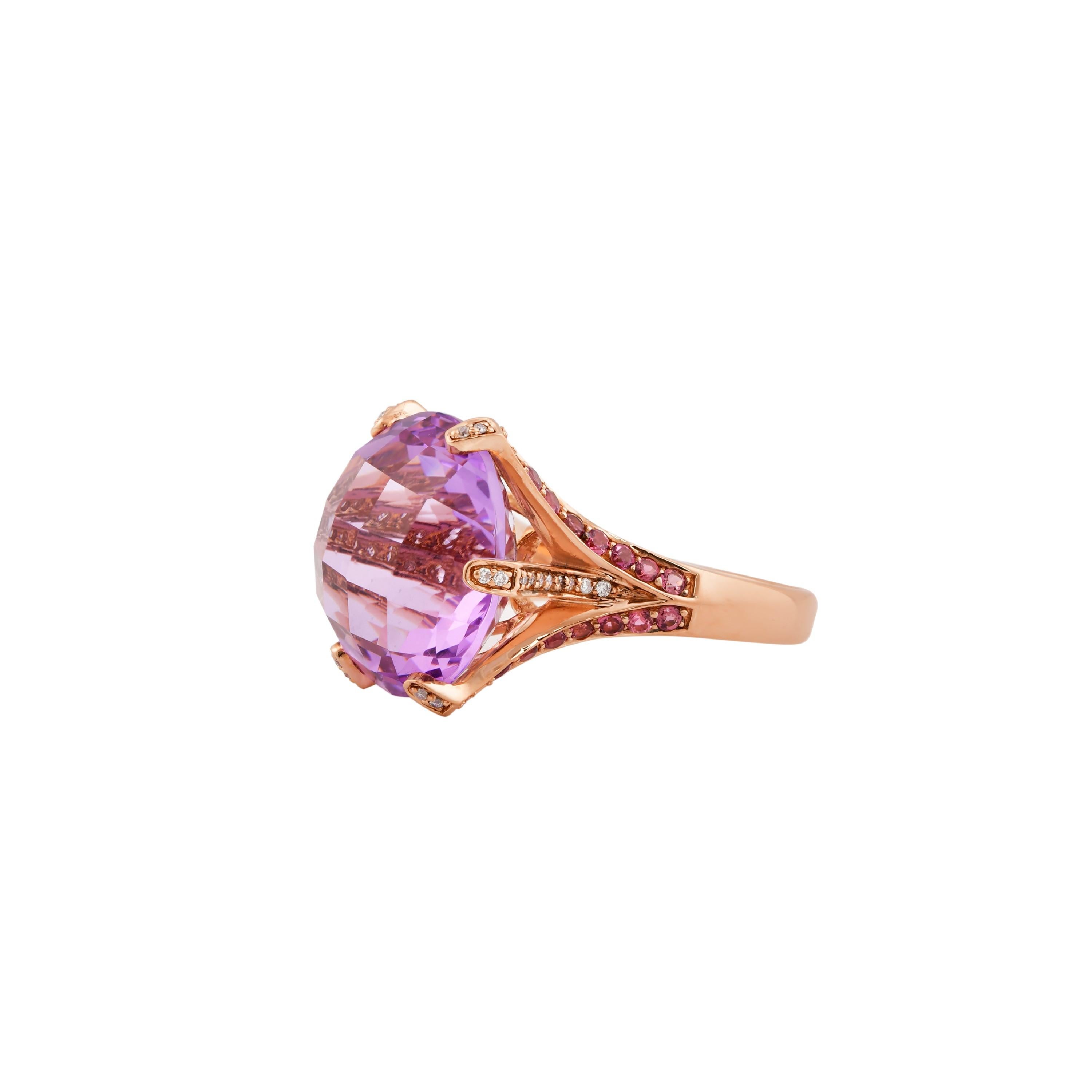 Round Cut 19.3 Carat Amethyst Ring in 14 Karat Rose Gold with Diamonds and Pink Tourmaline