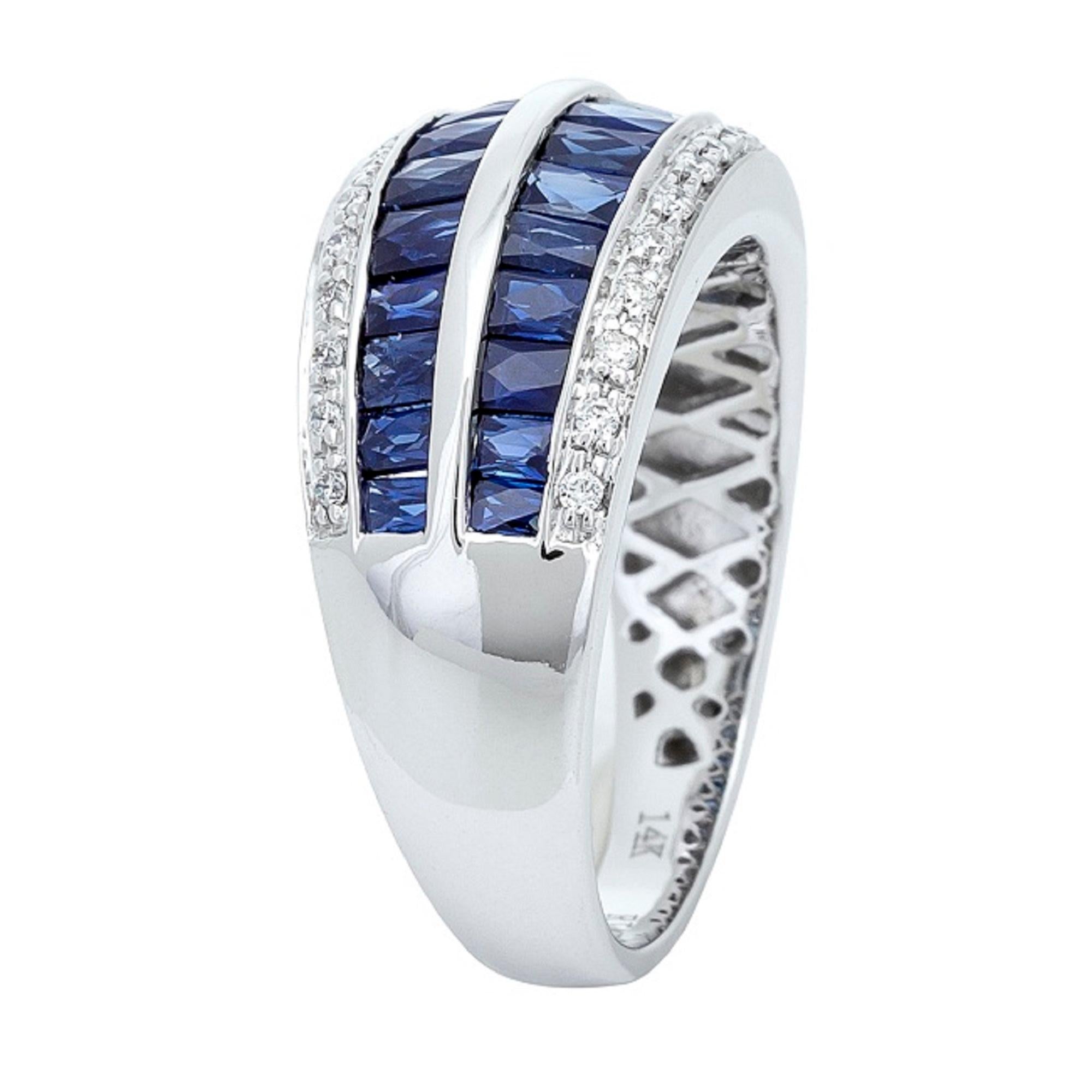 Decorate yourself in elegance with this Ring is crafted from 14-karat White Gold by Gin & Grace. This Ring is made up of 3.5x2 mm Baguette-cut (28 pcs) 1.93 carat Blue Sapphire and Round-cut White Diamond (26 Pcs) 0.13 Carat. This Ring is weight