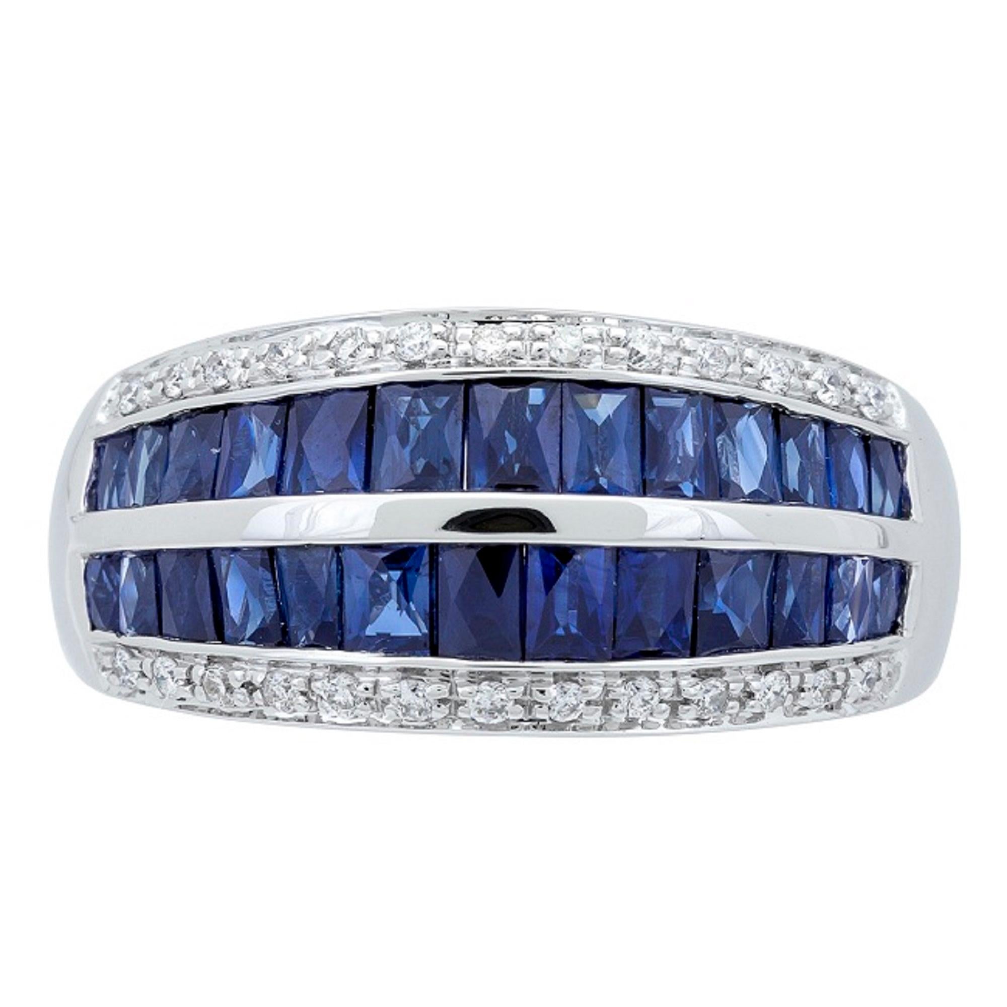 1.93 Carat Baguette Cut Blue Sapphire Diamond Accents 14K White Gold Ring In New Condition For Sale In New York, NY