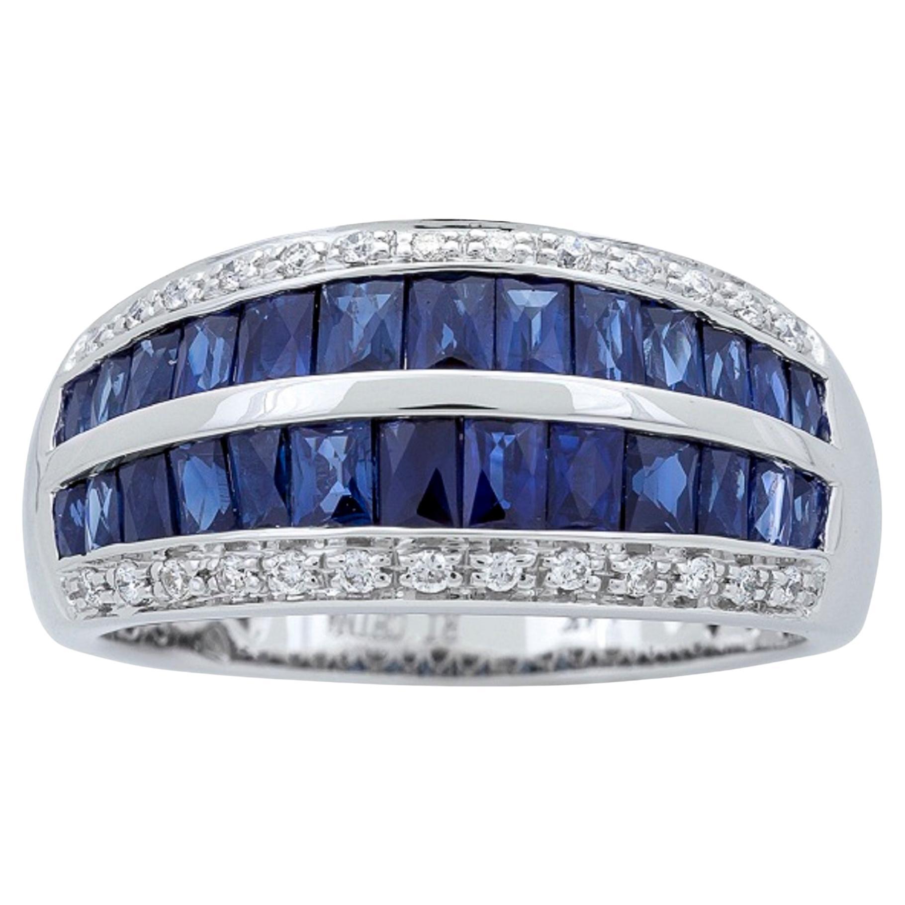 1.93 Carat Baguette Cut Blue Sapphire Diamond Accents 14K White Gold Ring For Sale