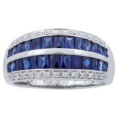 Vintage 1.93 Carat Baguette Cut Blue Sapphire Diamond Accents 14K White Gold Ring