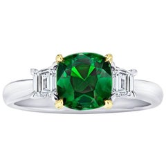 1.93 Carat Cushion Green Tsavorite and Diamond Platinum and 18k Yellow Gold Ring