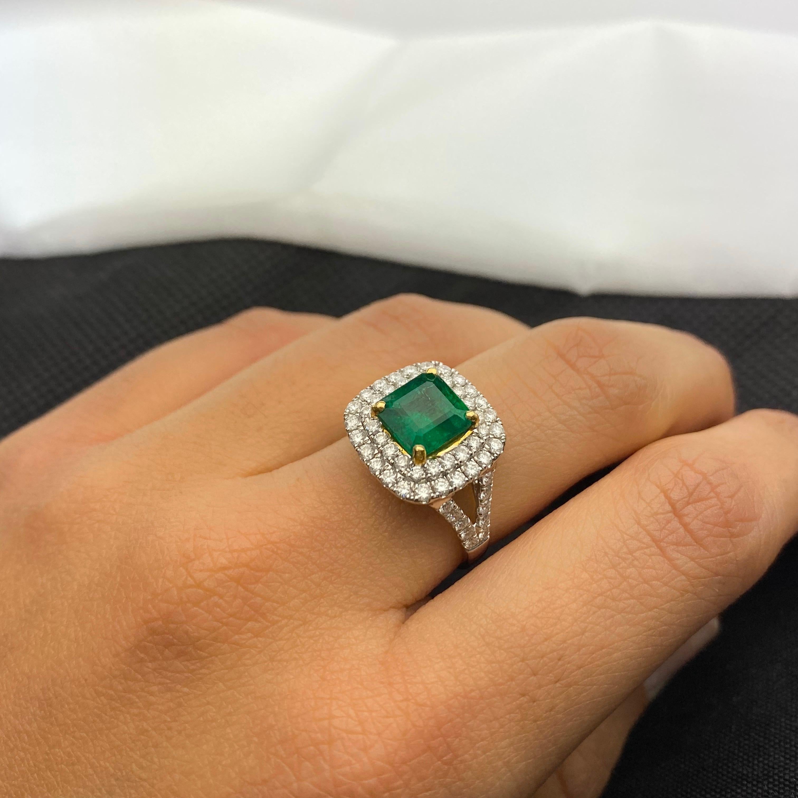 Modern 1.93 Carat Emerald and Diamond Engagement Ring For Sale