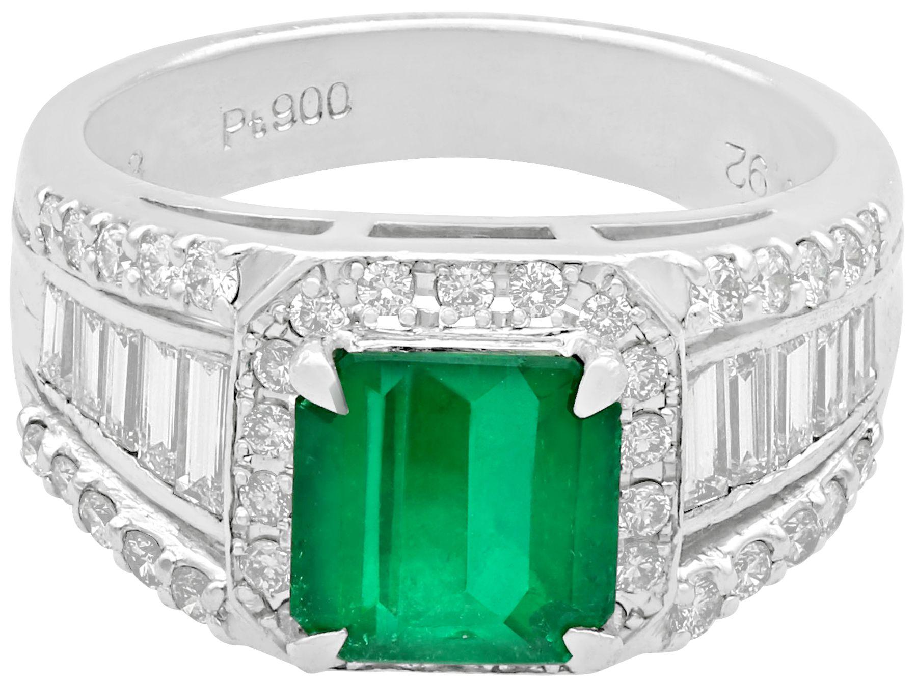 Trapezoid Cut 1.93 Carat Emerald and Diamond Platinum Cocktail Ring For Sale