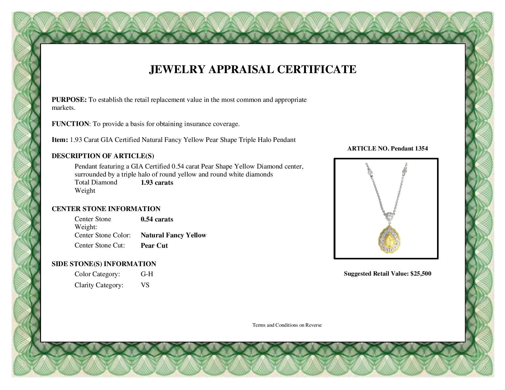 DiamondTown 1.93 Carat GIA Certified Natural Fancy Yellow Pear Shape Pendant 1