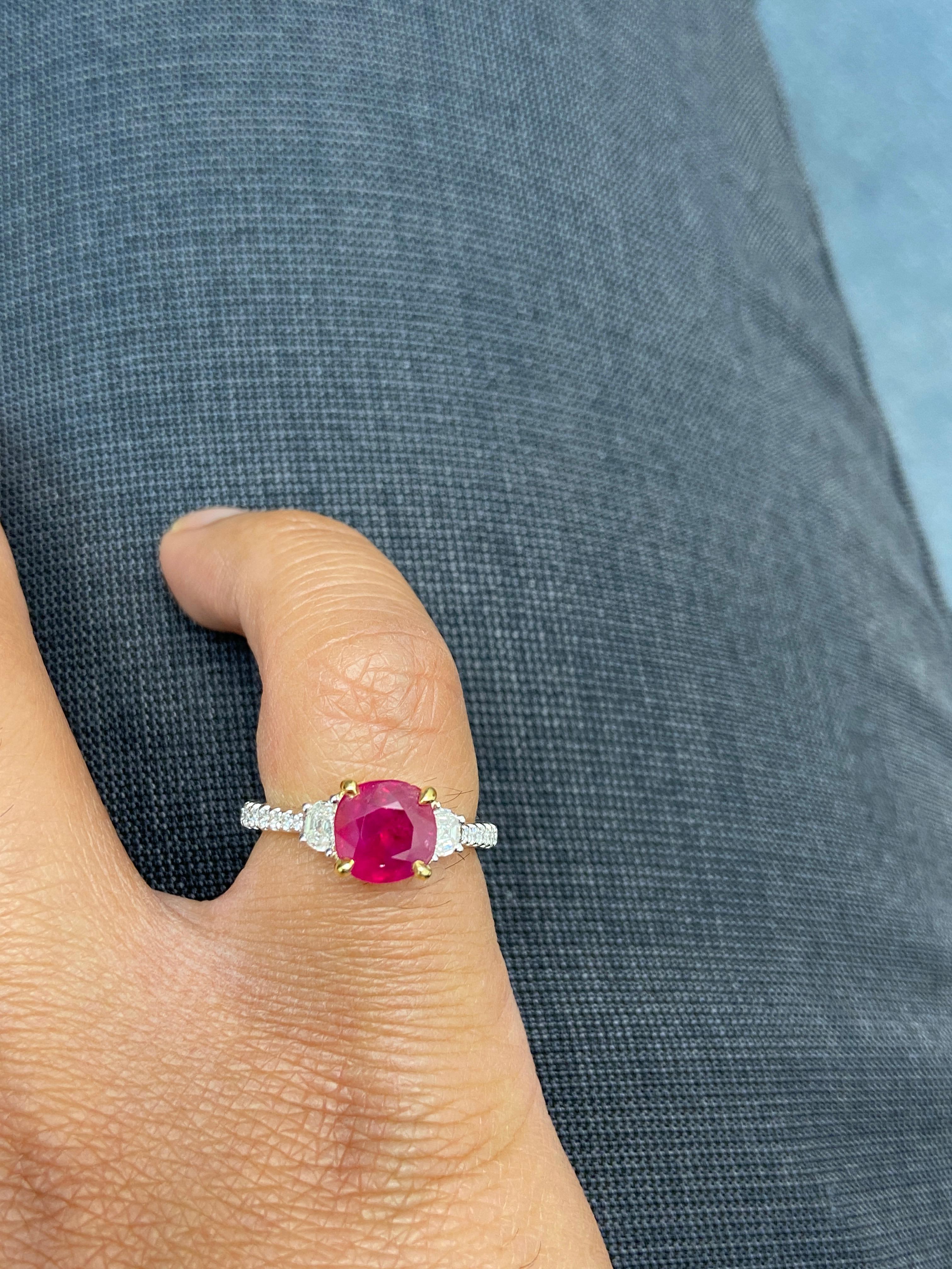 1.93 Carat GIA Certified Unheated Vivid Red Burmese Ruby and Diamond Gold Ring For Sale 4