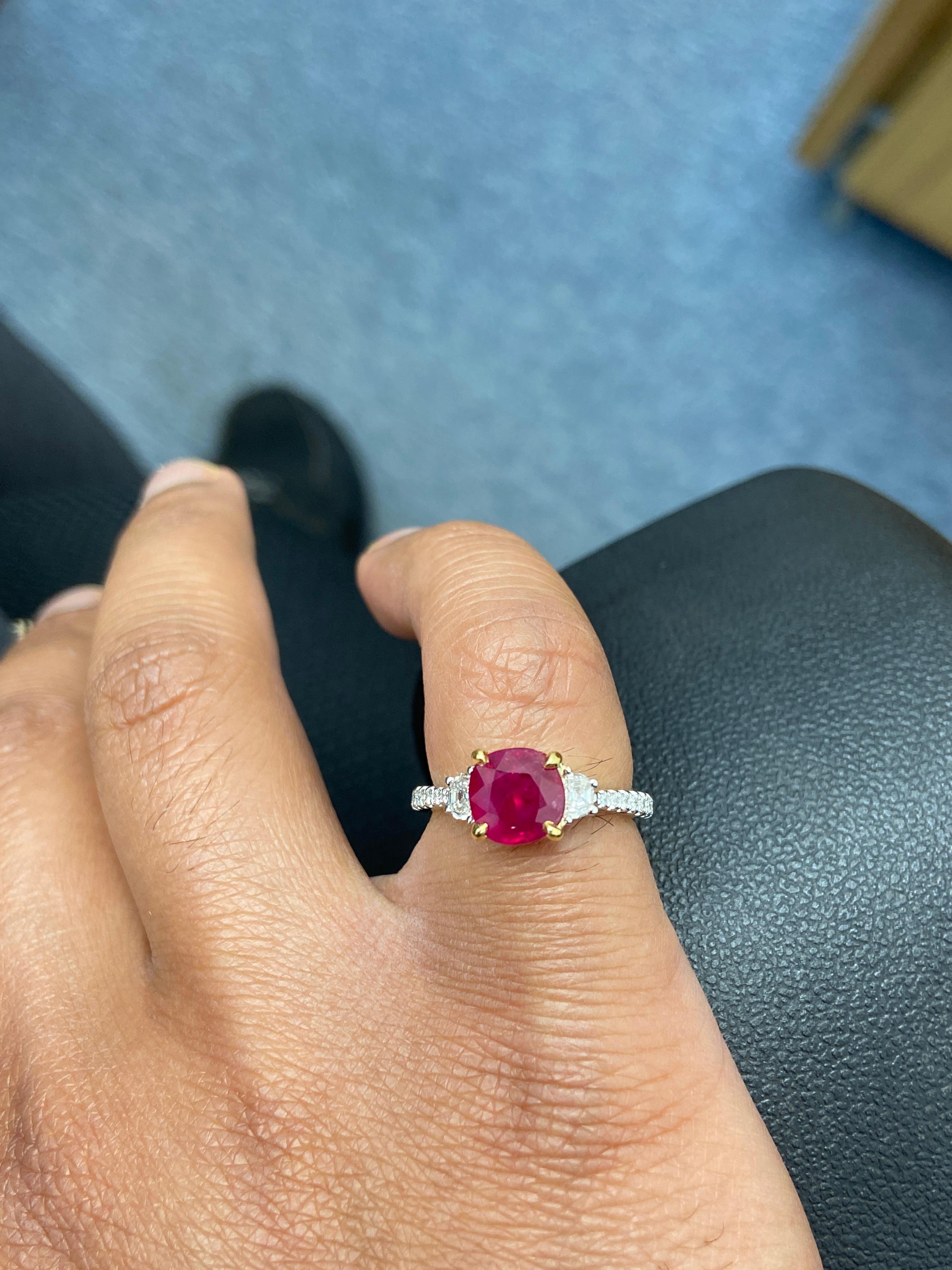 1.93 Carat GIA Certified Unheated Vivid Red Burmese Ruby and Diamond Gold Ring For Sale 5