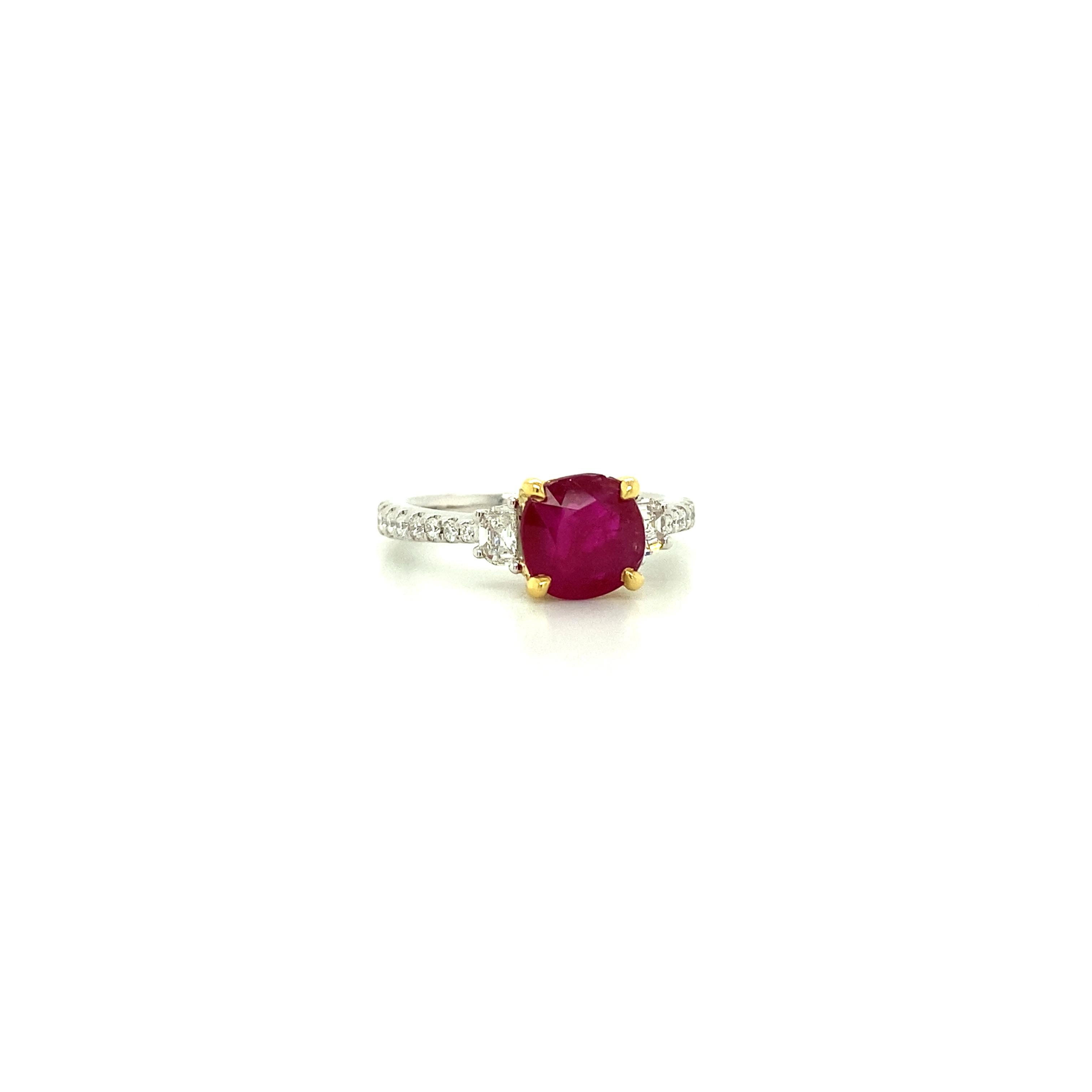 Contemporary 1.93 Carat GIA Certified Unheated Vivid Red Burmese Ruby and Diamond Gold Ring For Sale