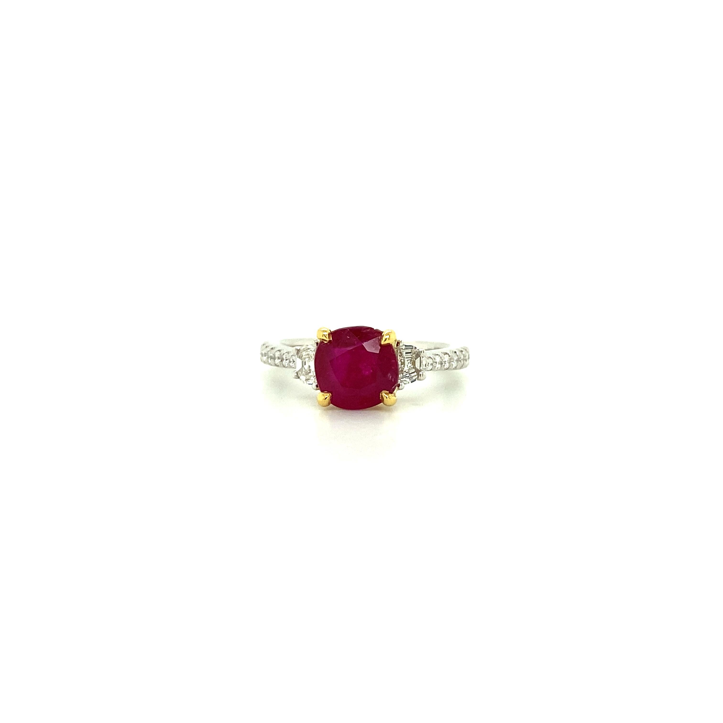 1.93 Carat GIA Certified Unheated Vivid Red Burmese Ruby and Diamond Gold Ring For Sale 2