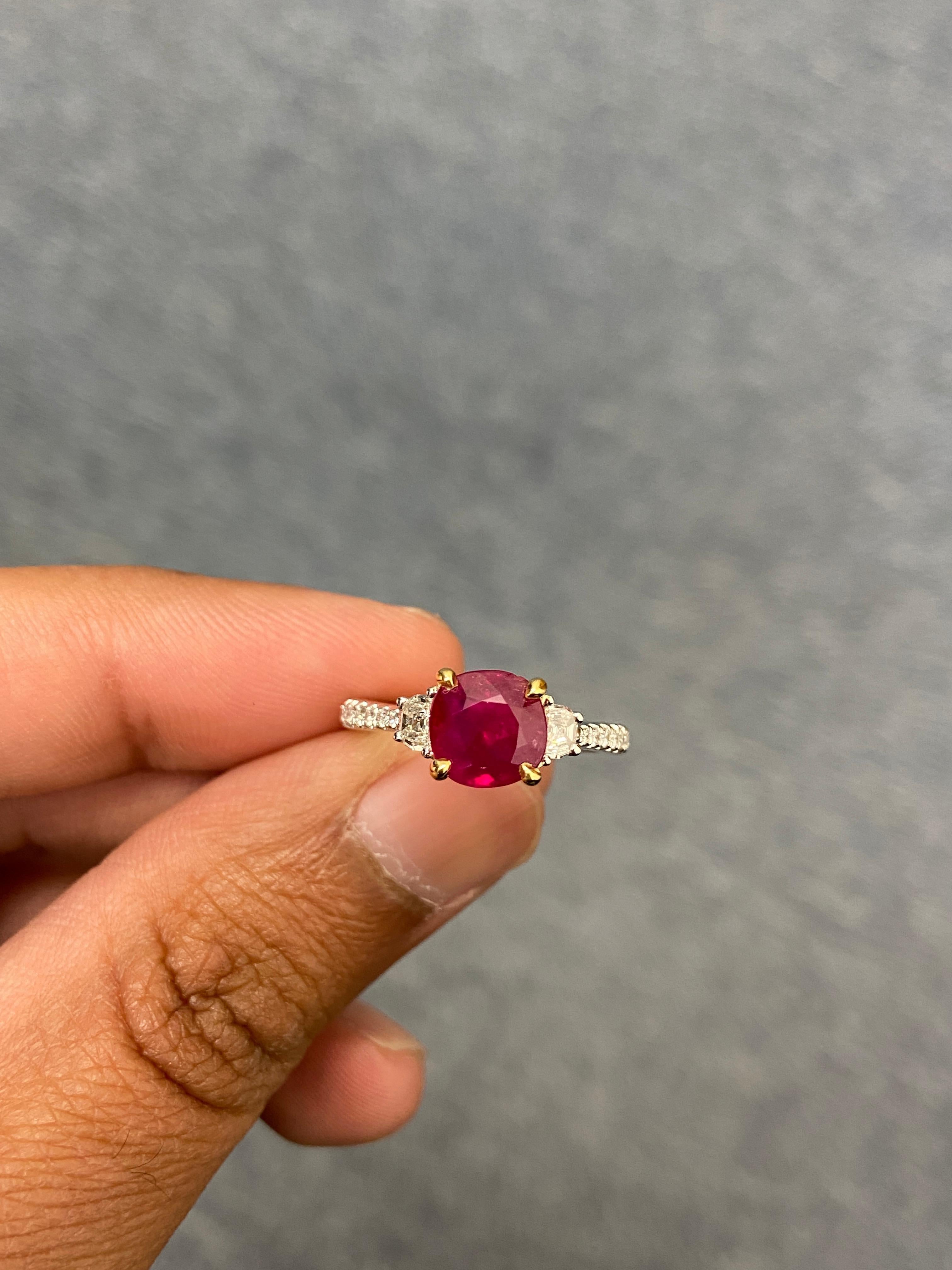 1.93 Carat GIA Certified Unheated Vivid Red Burmese Ruby and Diamond Gold Ring For Sale 3