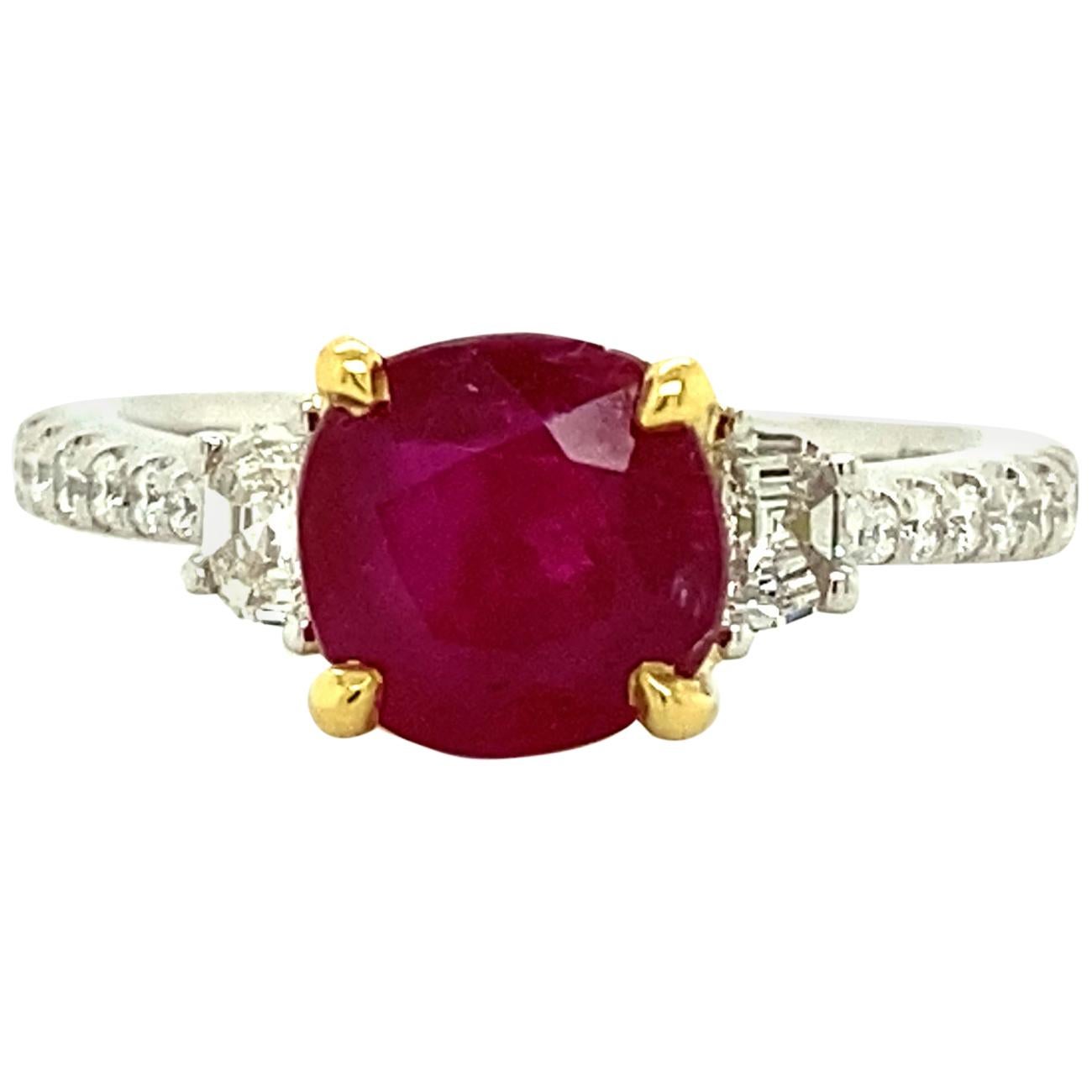 1.93 Carat GIA Certified Unheated Vivid Red Burmese Ruby and Diamond Gold Ring For Sale