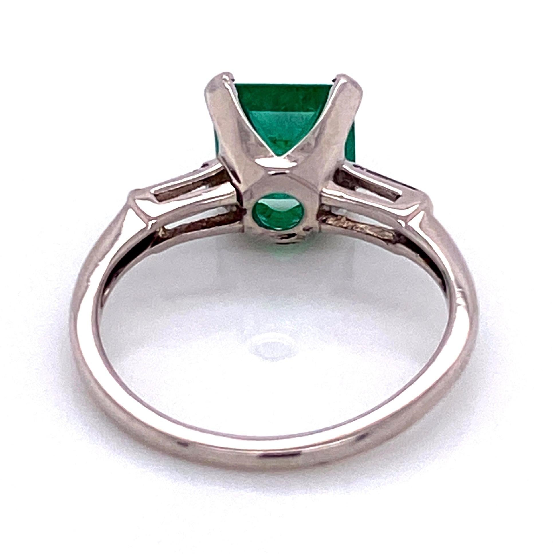 Emerald Cut 1.93 Carat Green Emerald and Baguette Diamond Platinum Ring Estate Fine Jewelry