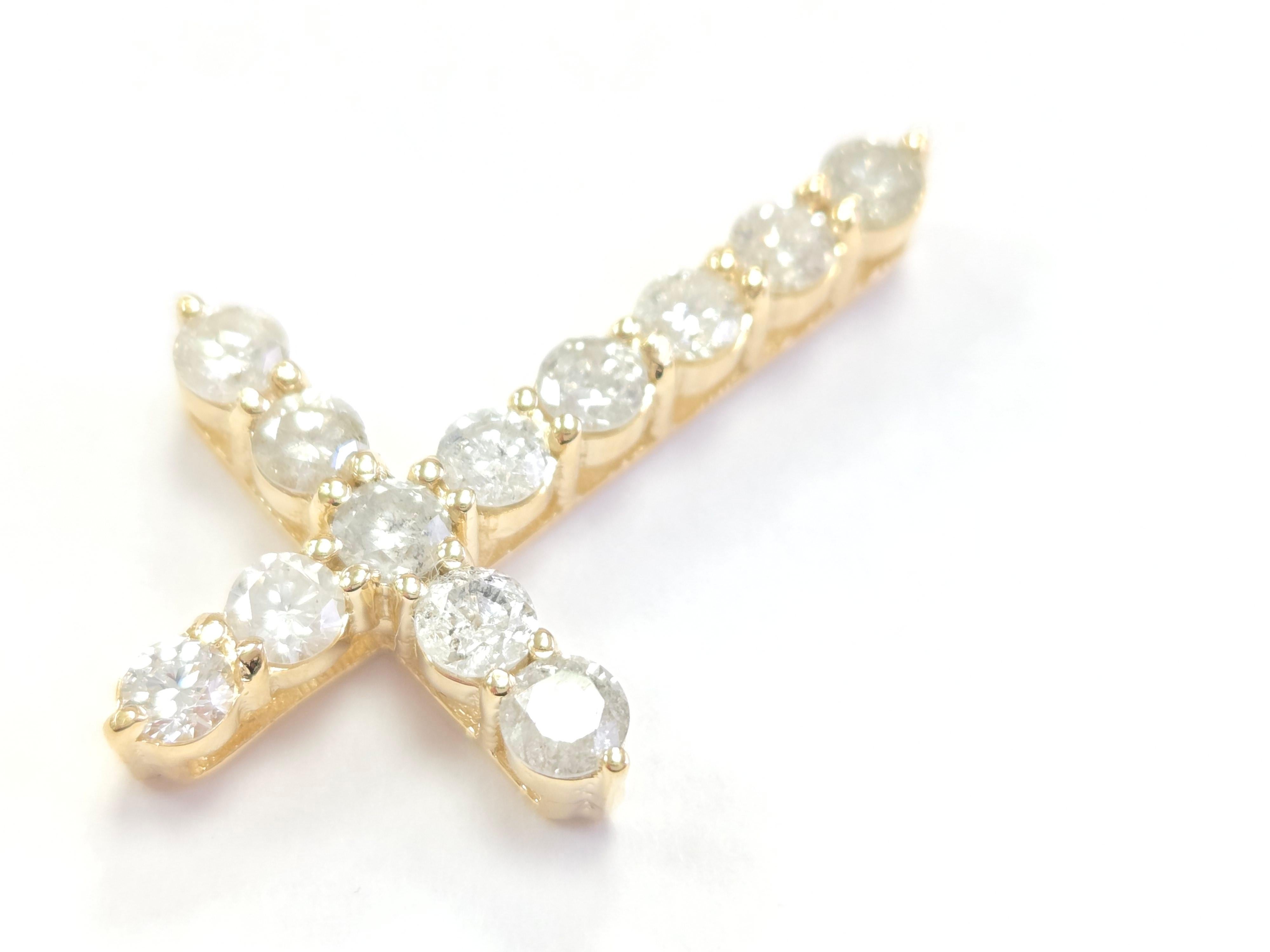 Round Cut 1.93 Carat Natural Diamond Cross Pendant 14 Karat Yellow Gold For Sale