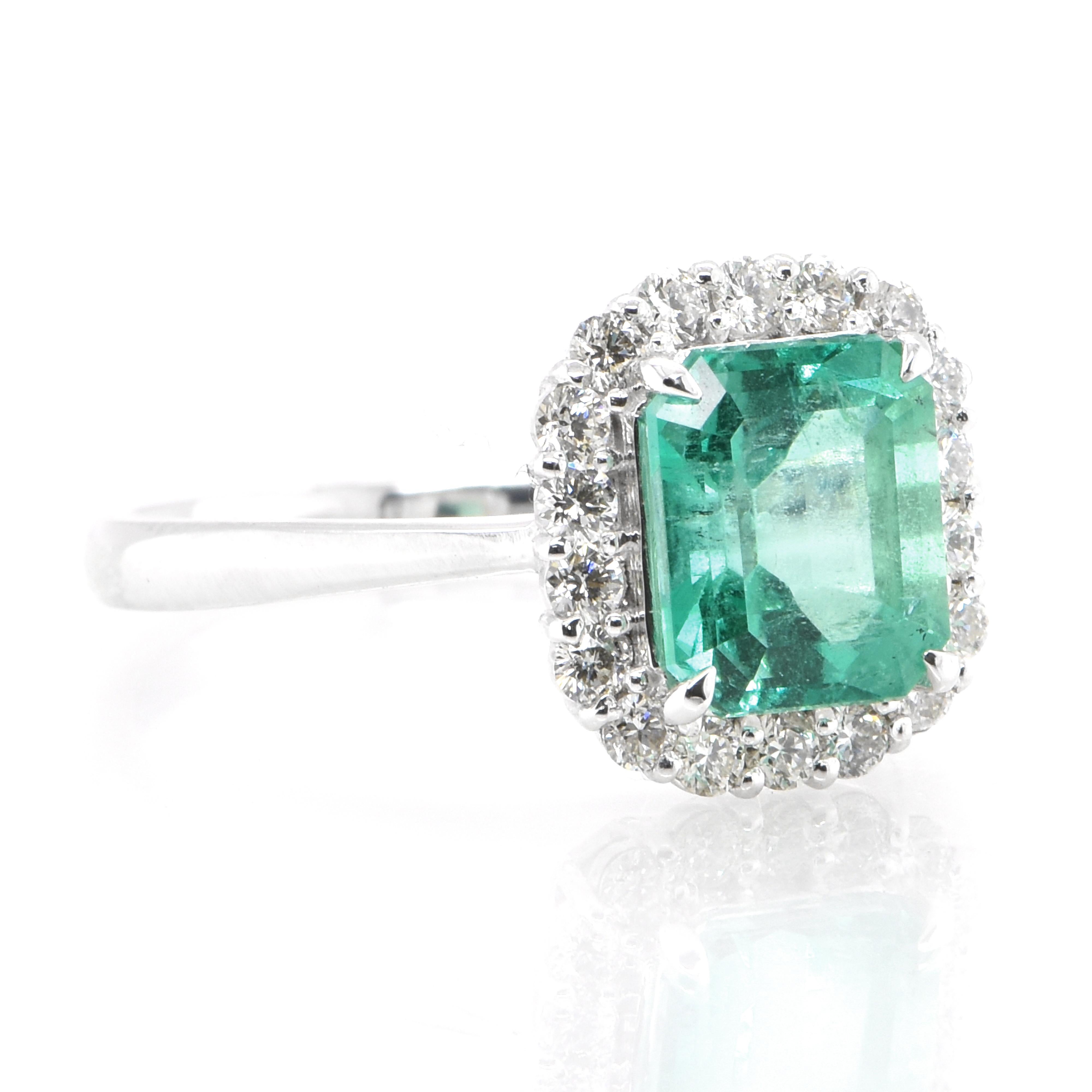 Modern 1.93 Carat Natural Emerald and Diamond Halo Cocktail Ring Set in Platinum
