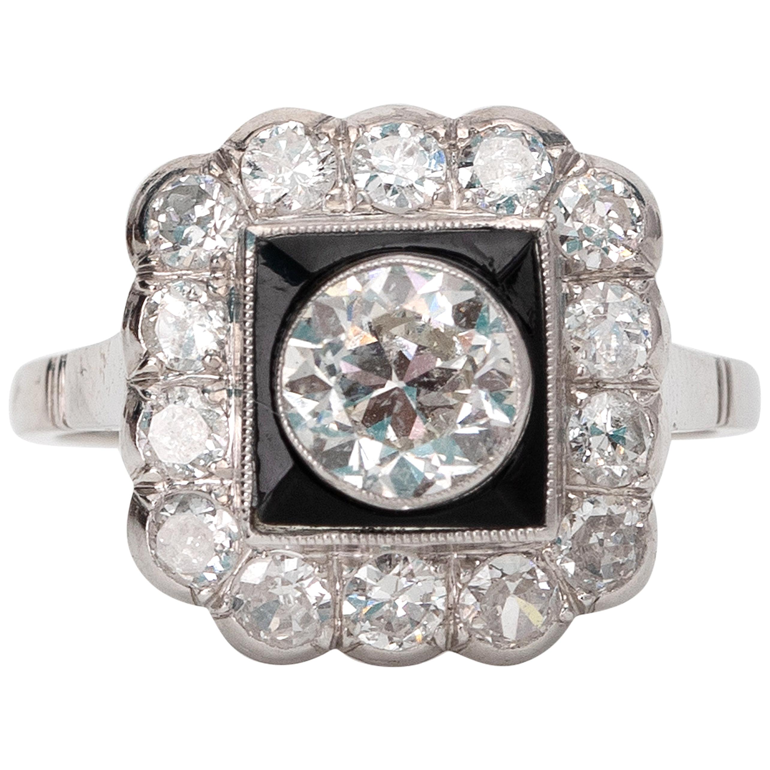 1.93 Carat Old Cut Diamond Ring with Black Onyx White Gold Square Halo Ring