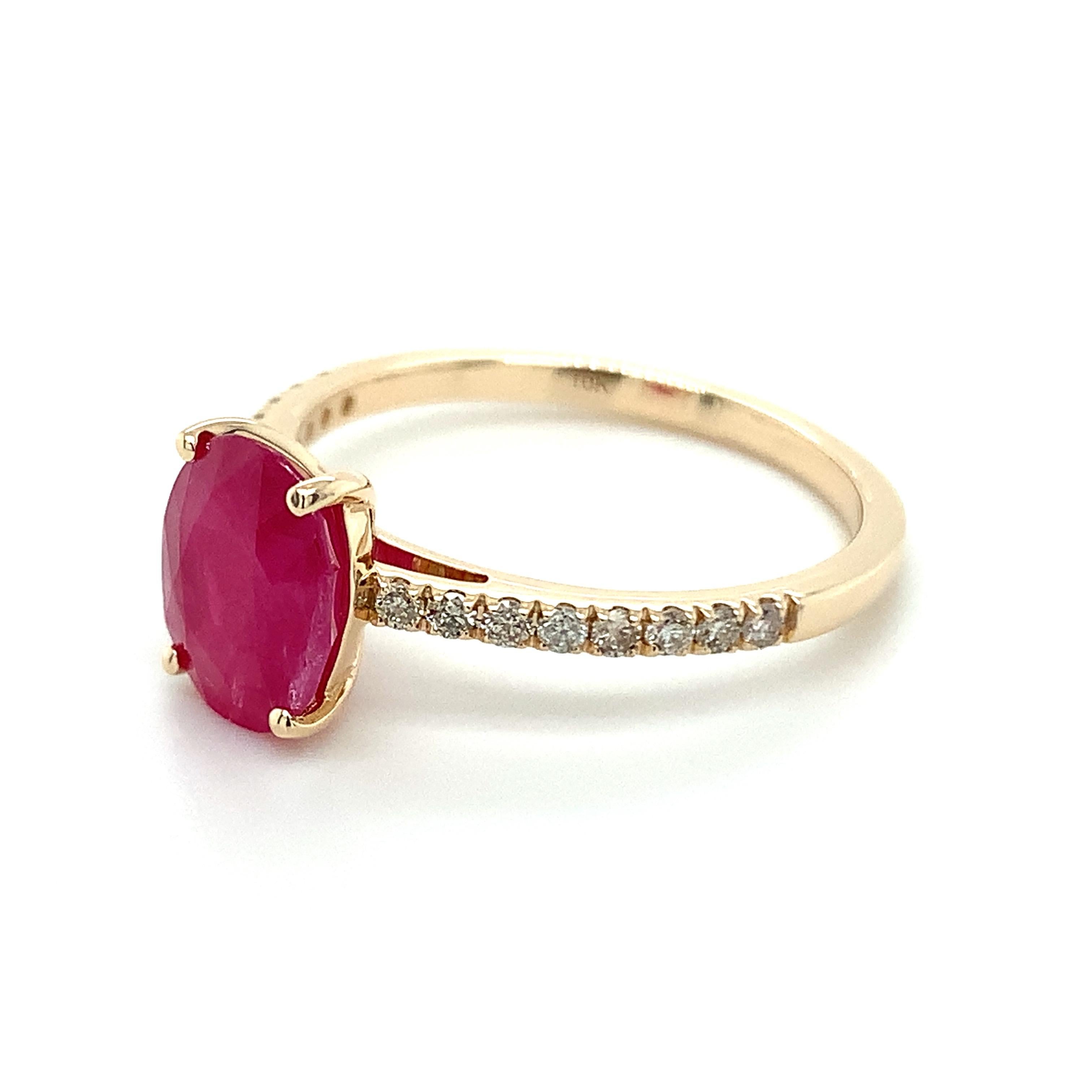 Oval shape Ruby gemstone beautifully crafted in a 10K yellow gold ring with natural diamonds.

An exquisite red color birthstone for July. Believed to convey a status of power & wealth. Explore a vast range of precious stone Jewelry in our store.