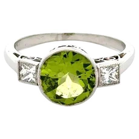 1.93 Carat Peridot and Diamond Platinum Vintage Ring For Sale