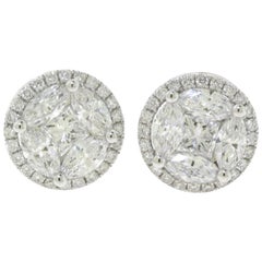 1.93 Carat Princess Cut and Round Diamond Halo 18 Karat White Gold Studs