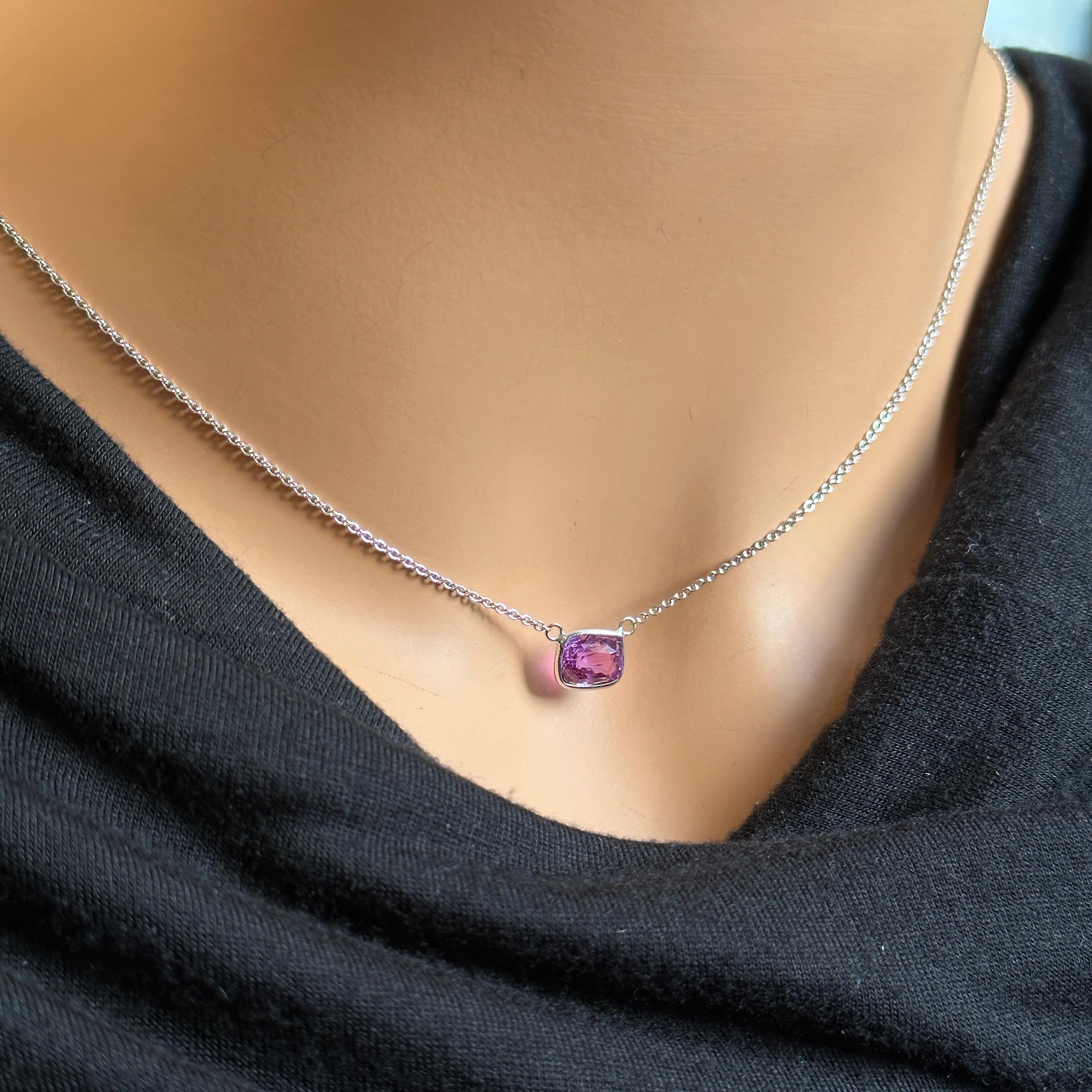 Contemporary 1.93ct Certified Purple Sapphire Cushion Cut Solitaire Necklace in 14k in WG For Sale
