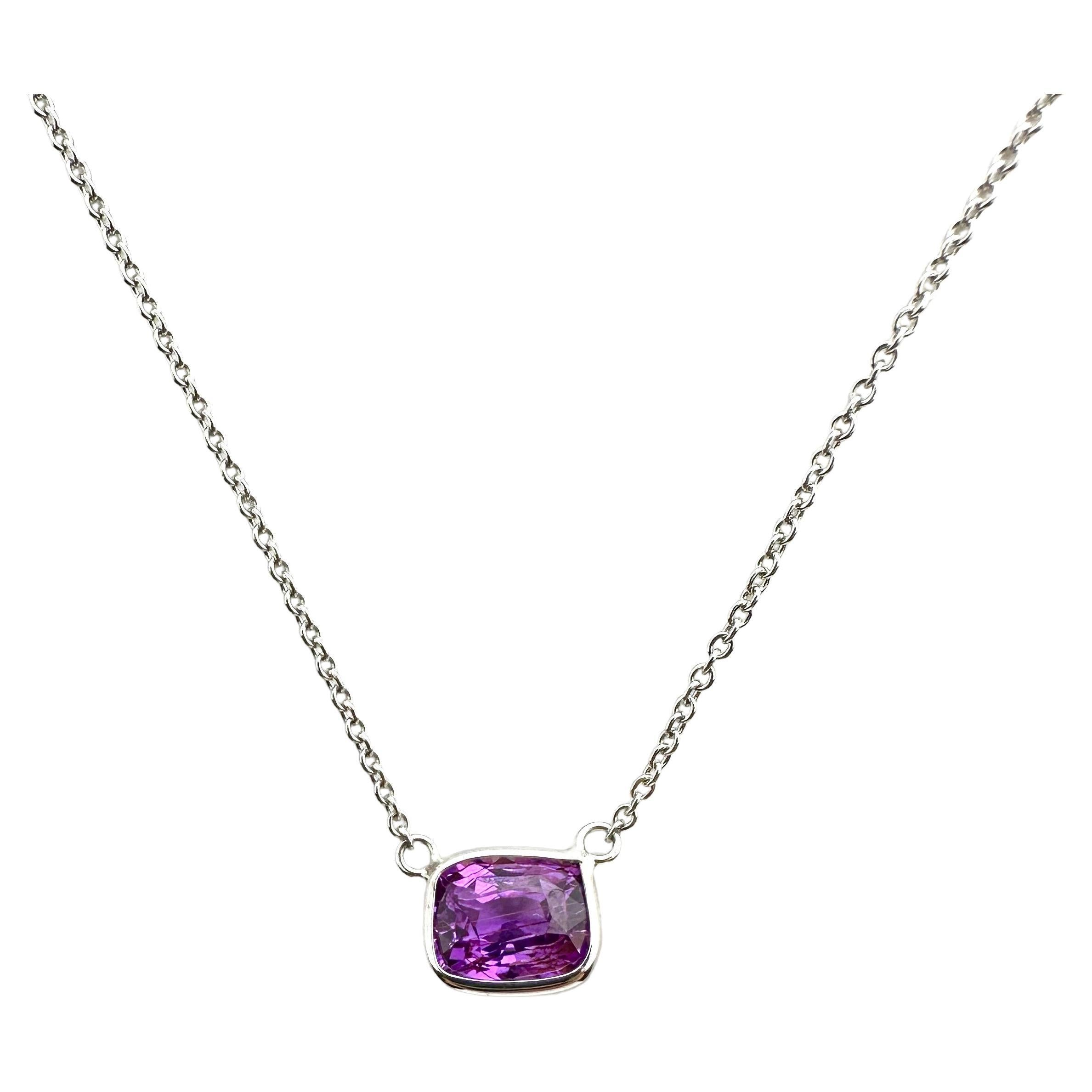 1.93ct Certified Purple Sapphire Cushion Cut Solitaire Necklace in 14k in WG For Sale