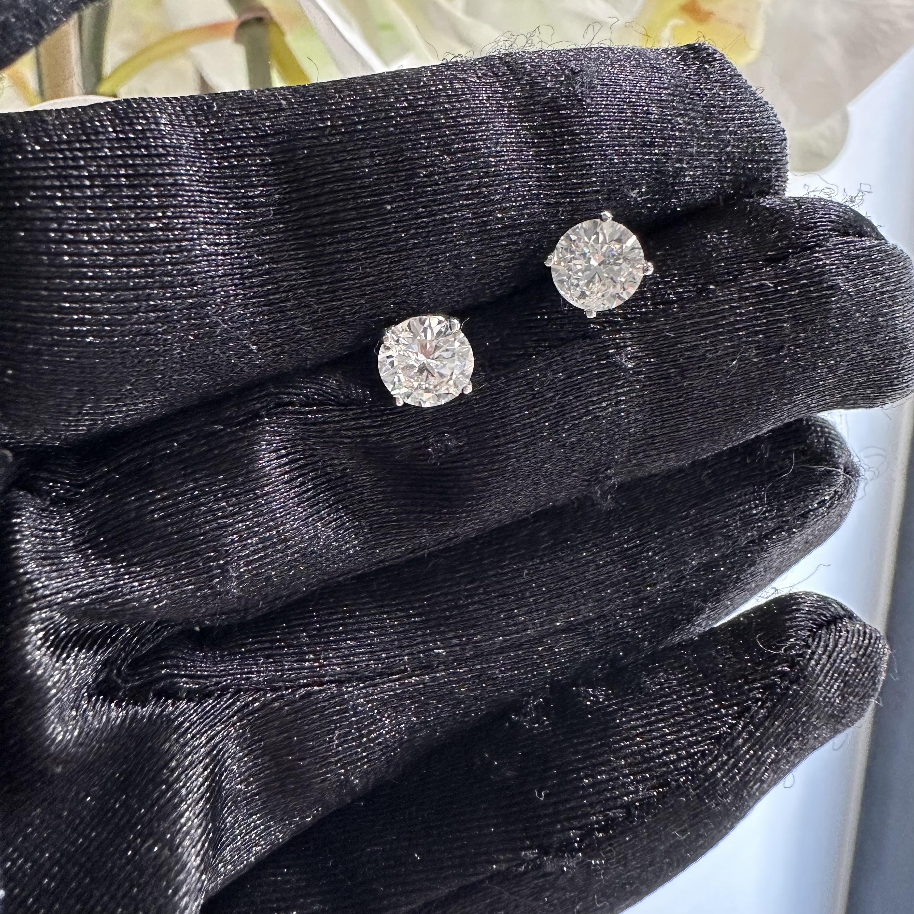 Round Cut 1.93 TCW 4-Prong Diamond Stud Basket-set Earrings in 14k White Gold For Sale