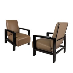 1930-1935 Pair of Art Deco Armchairs, Stained Wood and Leather - Spain