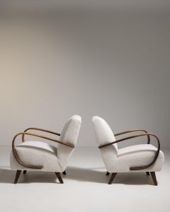 1930-1939 Czech Republic Warm Ivory Linen Pair Of Bentwood-Arm Lounge Chairs