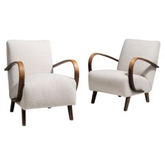 1930-1939 Czech Republic Warm Ivory Linen Pair Of Bentwood-Arm Lounge Chairs